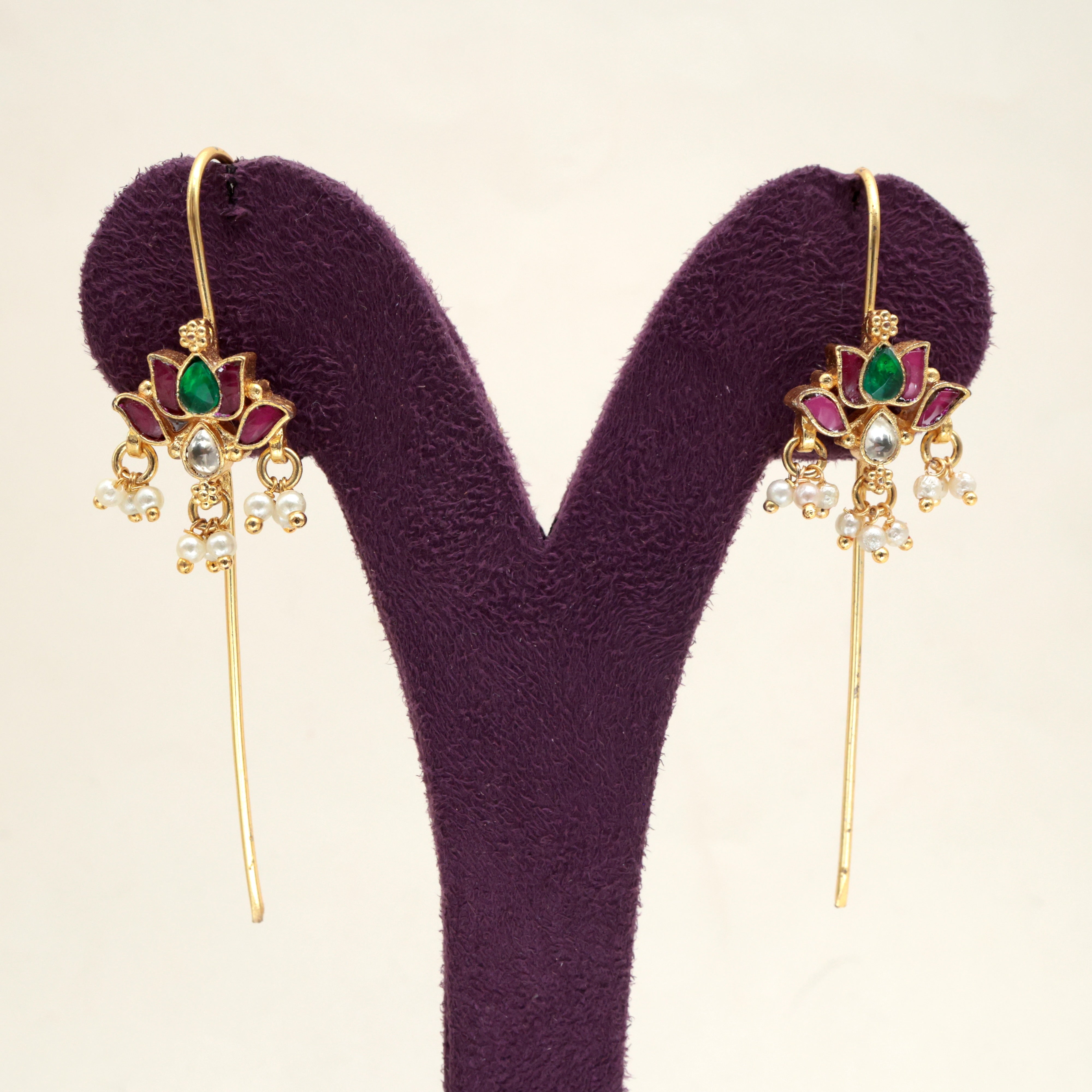 PREMIUM PACHI KUNDAN LOTUS NEEDLE EARCUFF EARRINGS - RUBY & GREEN
