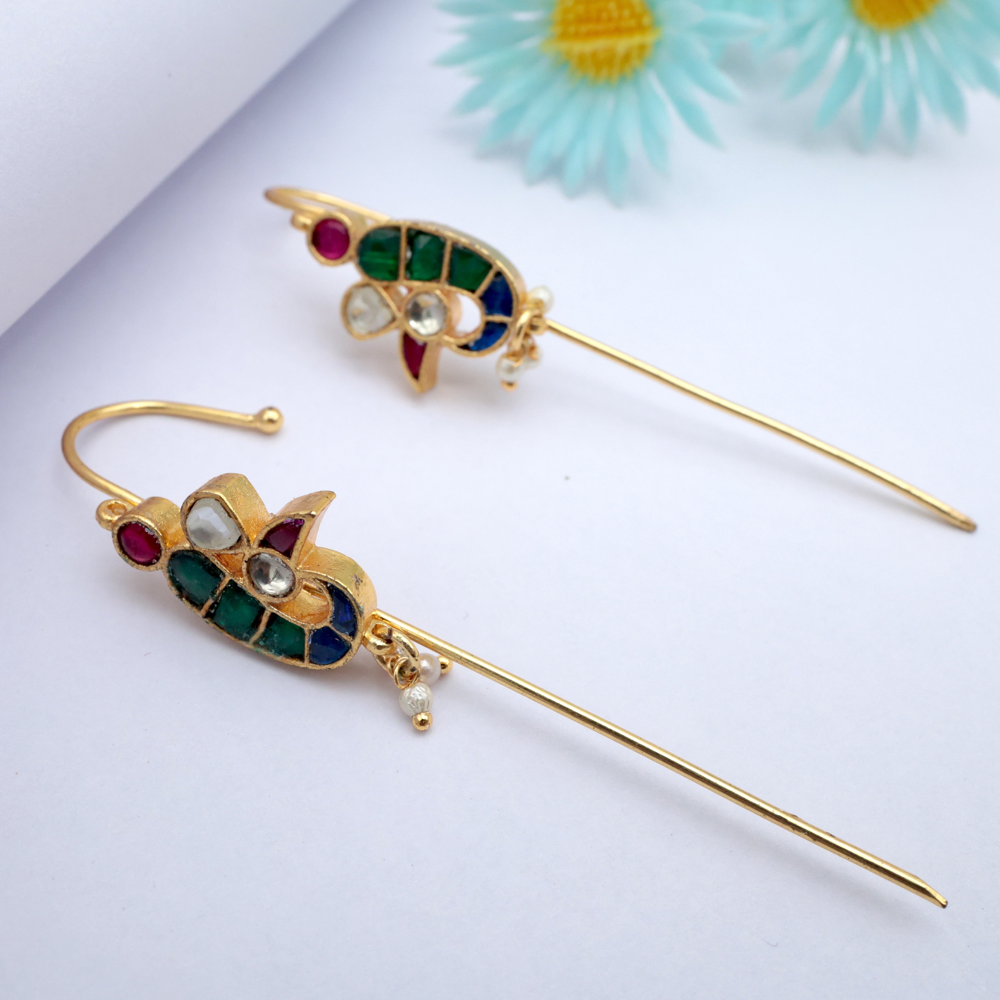 PREMIUM PACHI KUNDAN UNIQUE PEACOCK NEEDLE EARCUFF EARRINGS