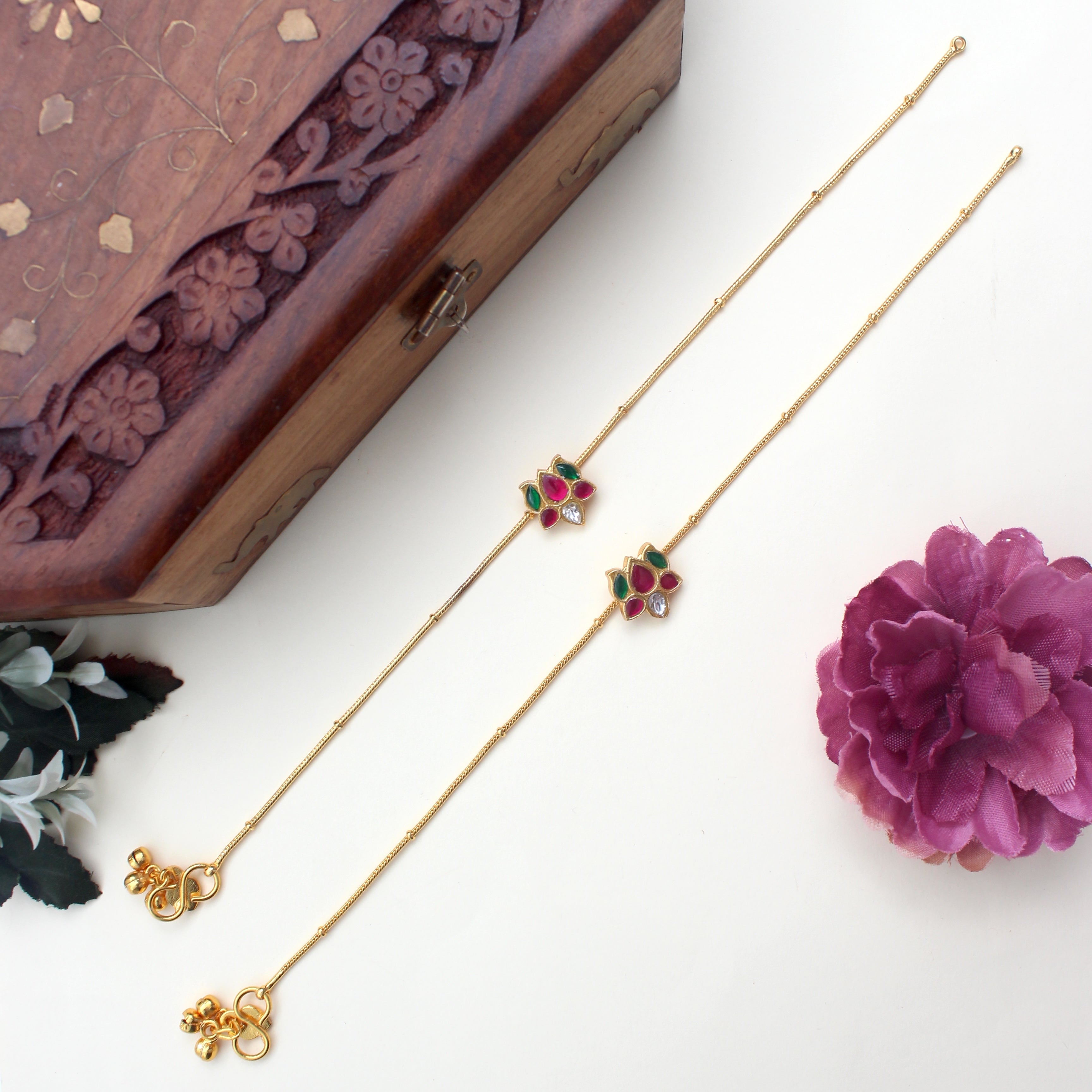 Real Gold Look Jadau Kundan Traditional Lotus Bridal Anklets/Payal