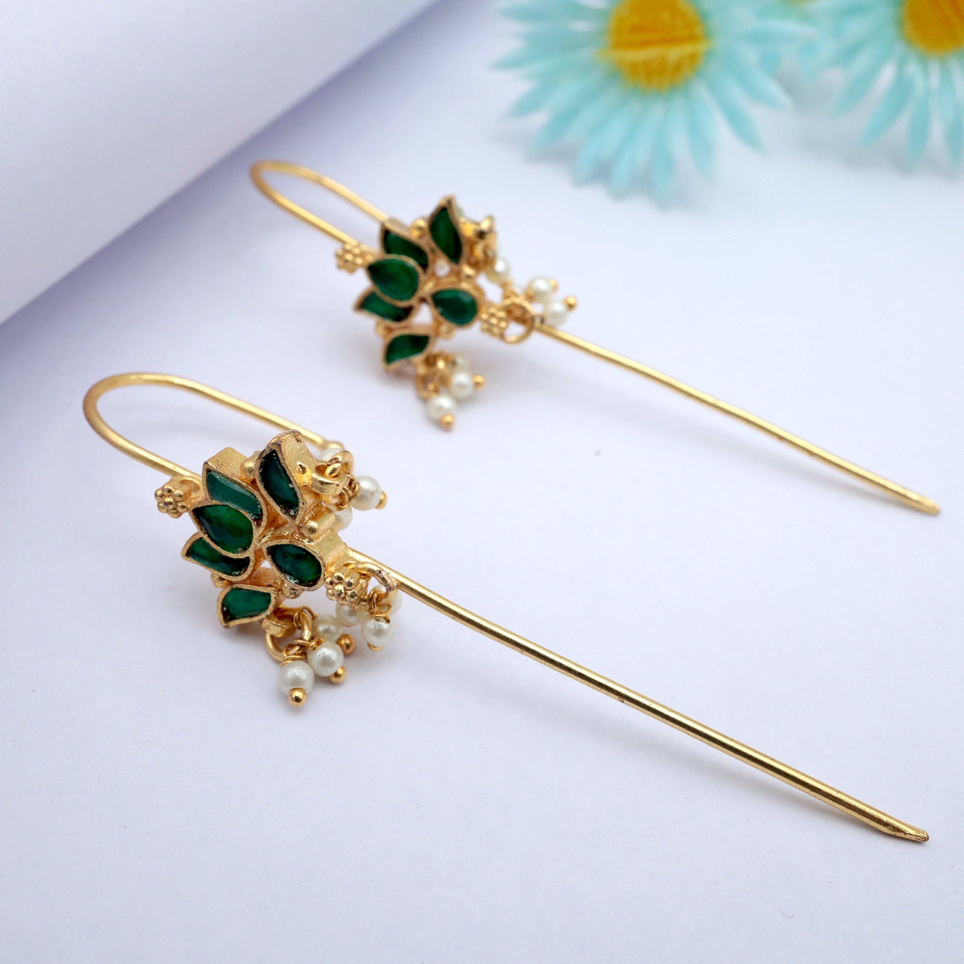 PREMIUM PACHI KUNDAN LOTUS NEEDLE EARCUFF EARRINGS - GREEN