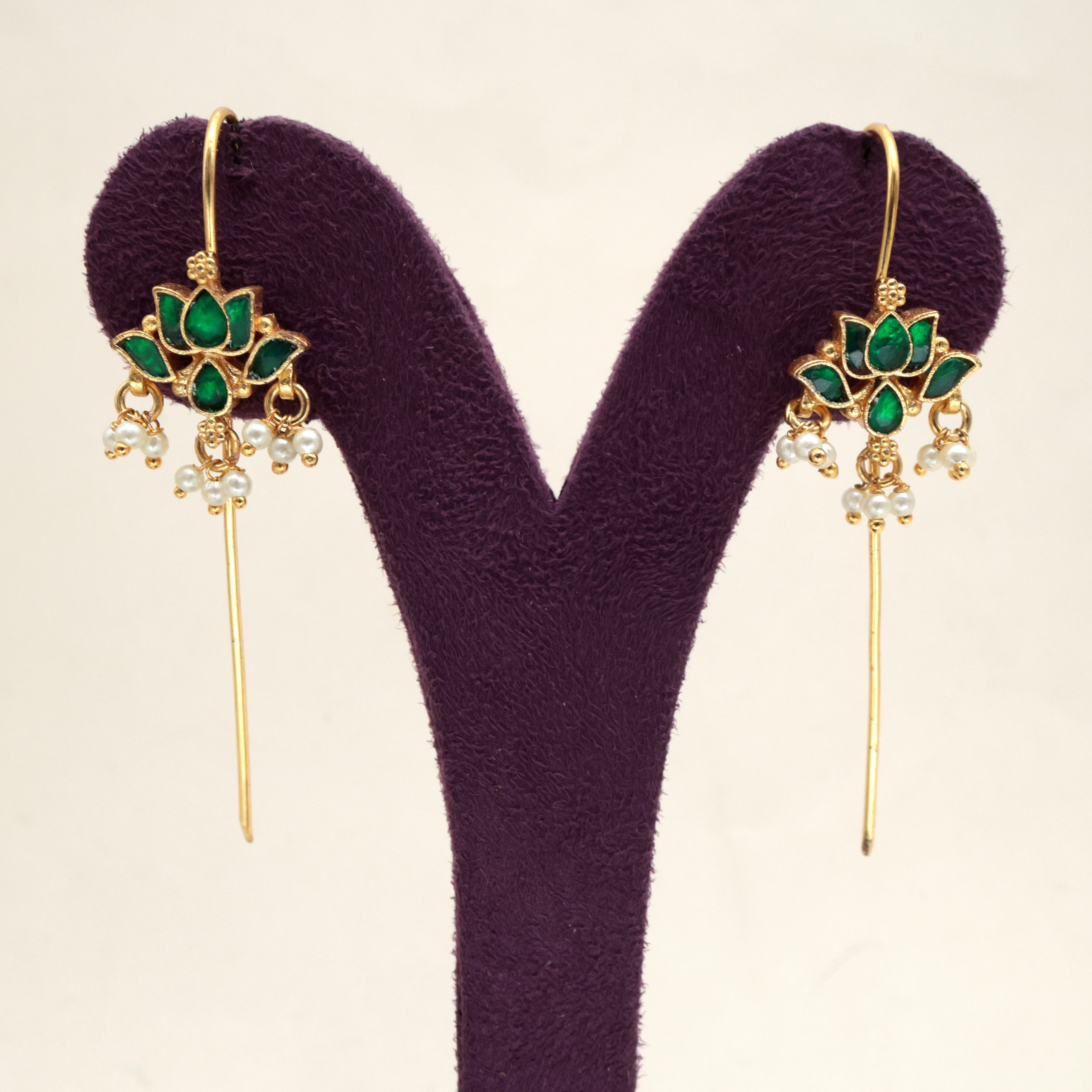 PREMIUM PACHI KUNDAN LOTUS NEEDLE EARCUFF EARRINGS - GREEN