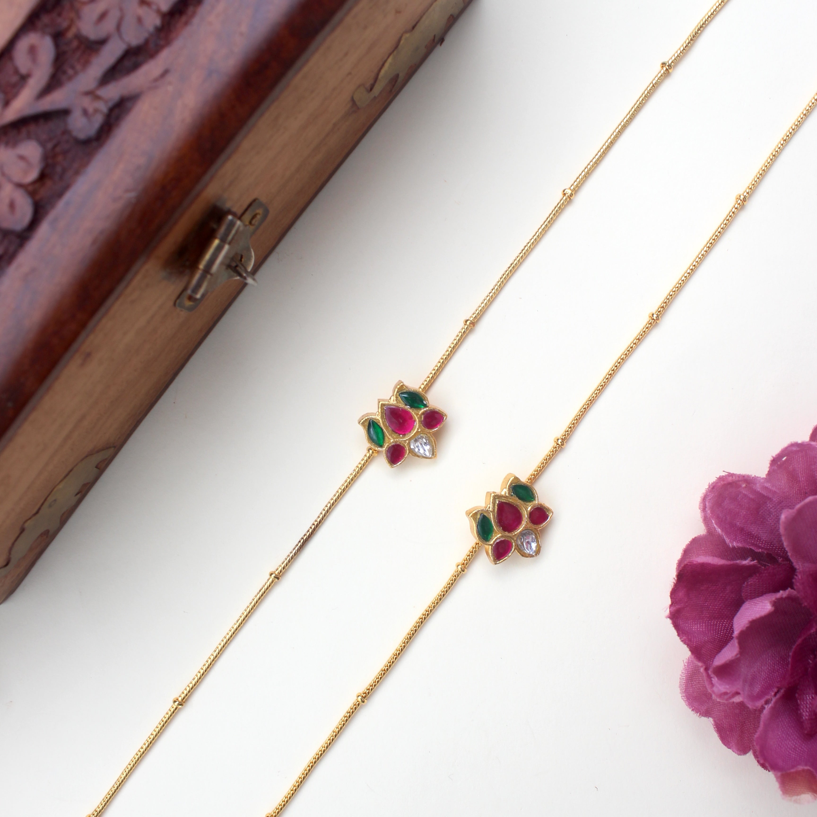 Real Gold Look Jadau Kundan Traditional Lotus Bridal Anklets/Payal