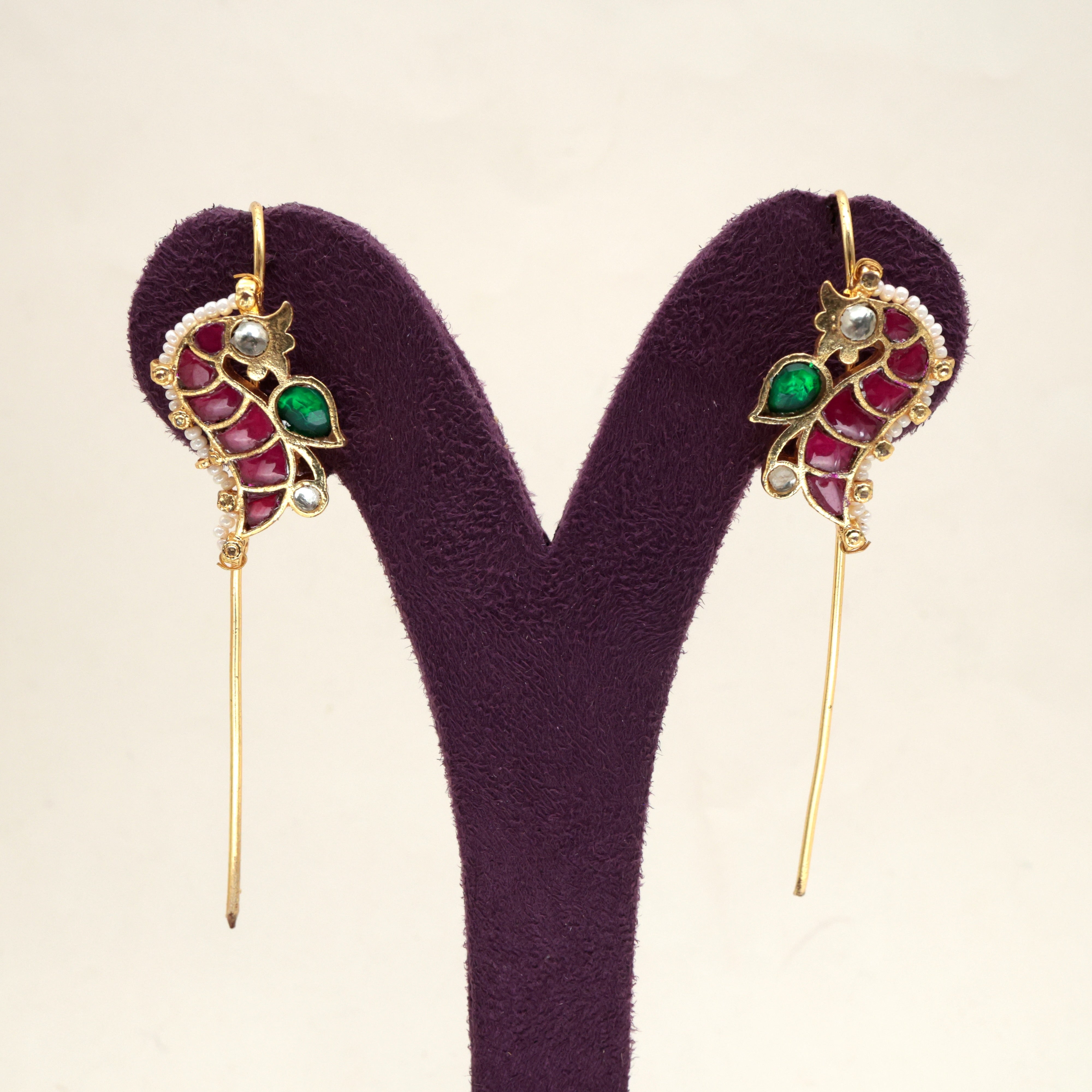 PREMIUM PACHI KUNDAN PEACOCK NEEDLE EARCUFF EARRINGS - RUBY, GREEN & WHITE