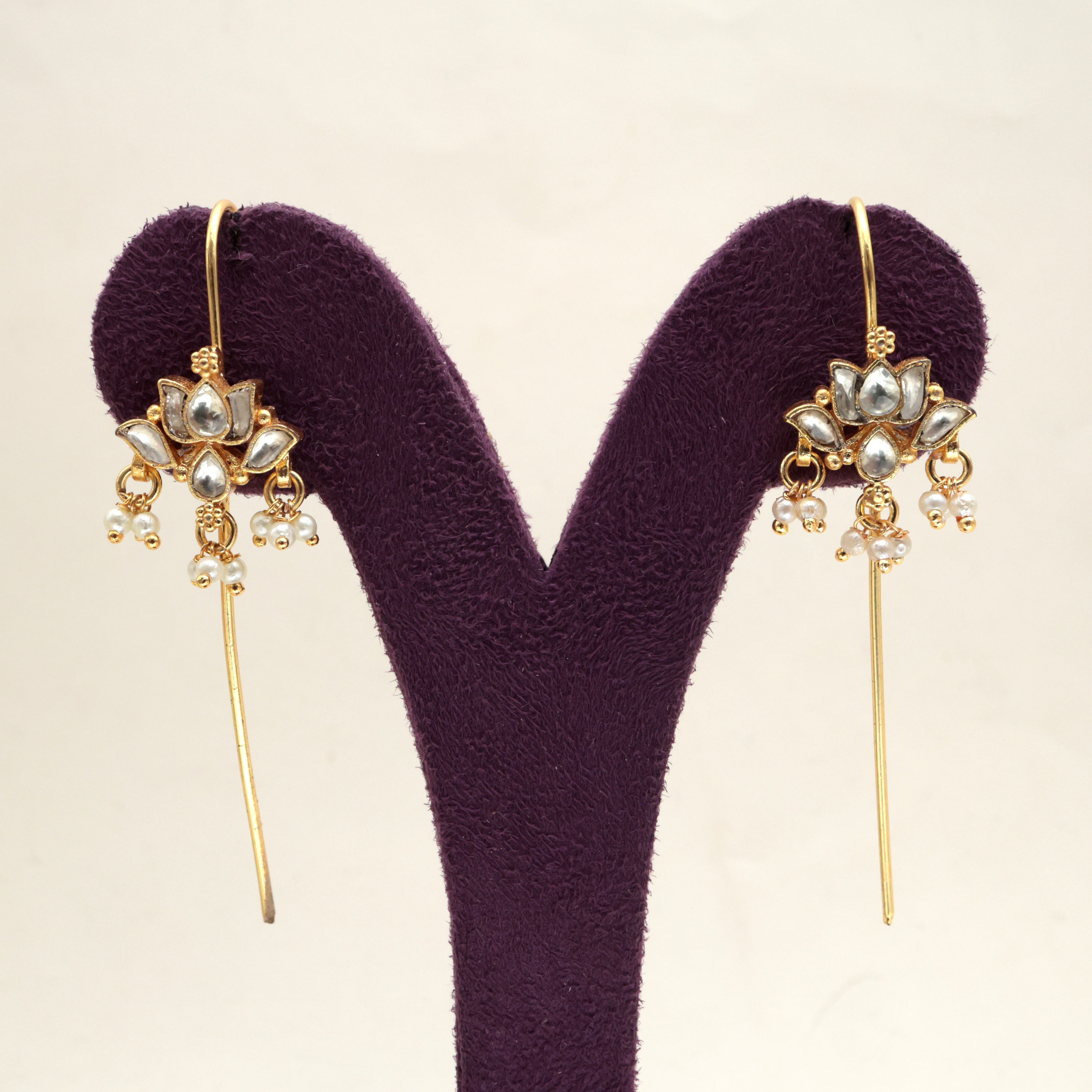 PREMIUM PACHI KUNDAN HANGING LOTUS NEEDLE EARCUFF EARRINGS - WHITE