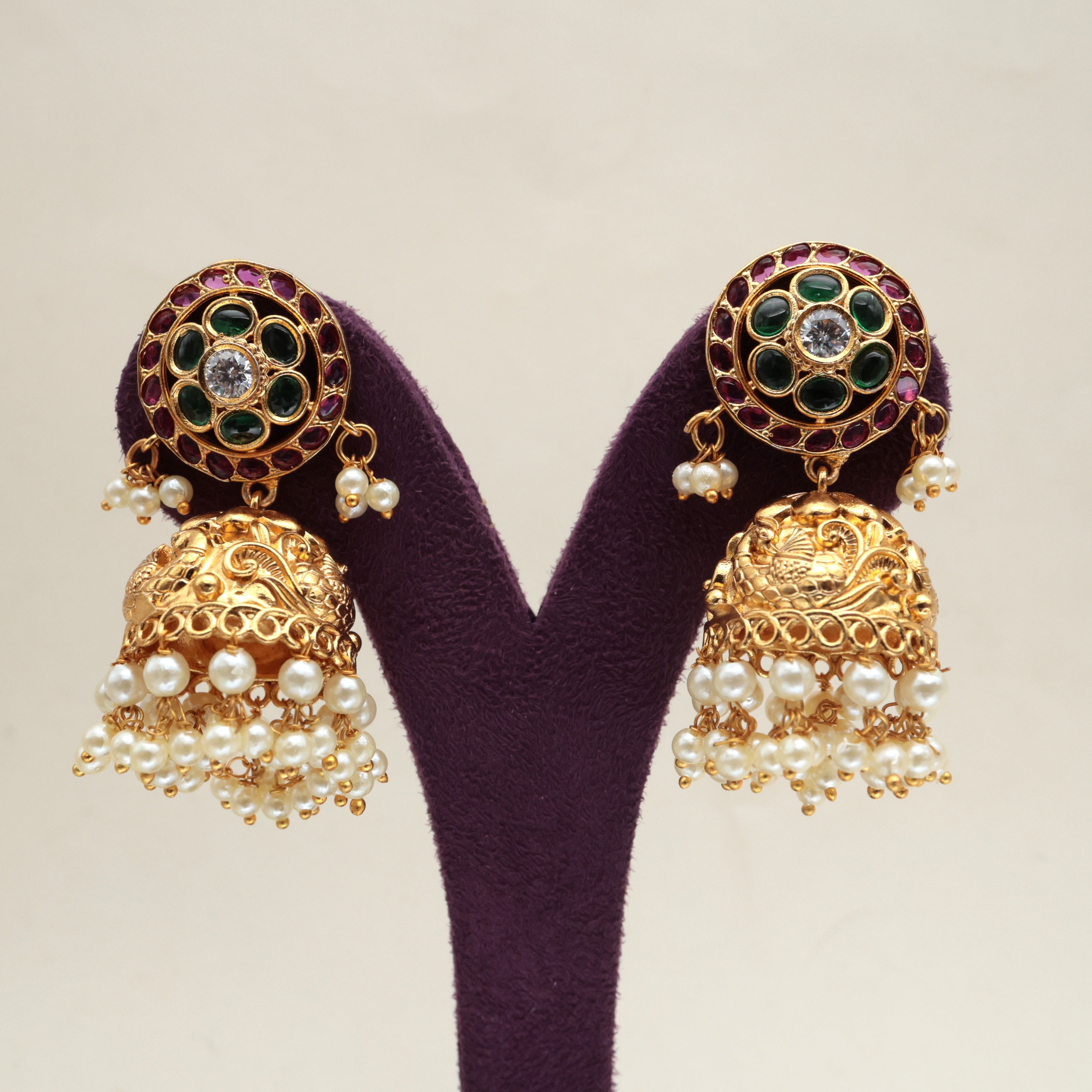 Premium Gold Tone Kemp Nagas Bridal Jhumkas With Two Layer Pearl Hanging