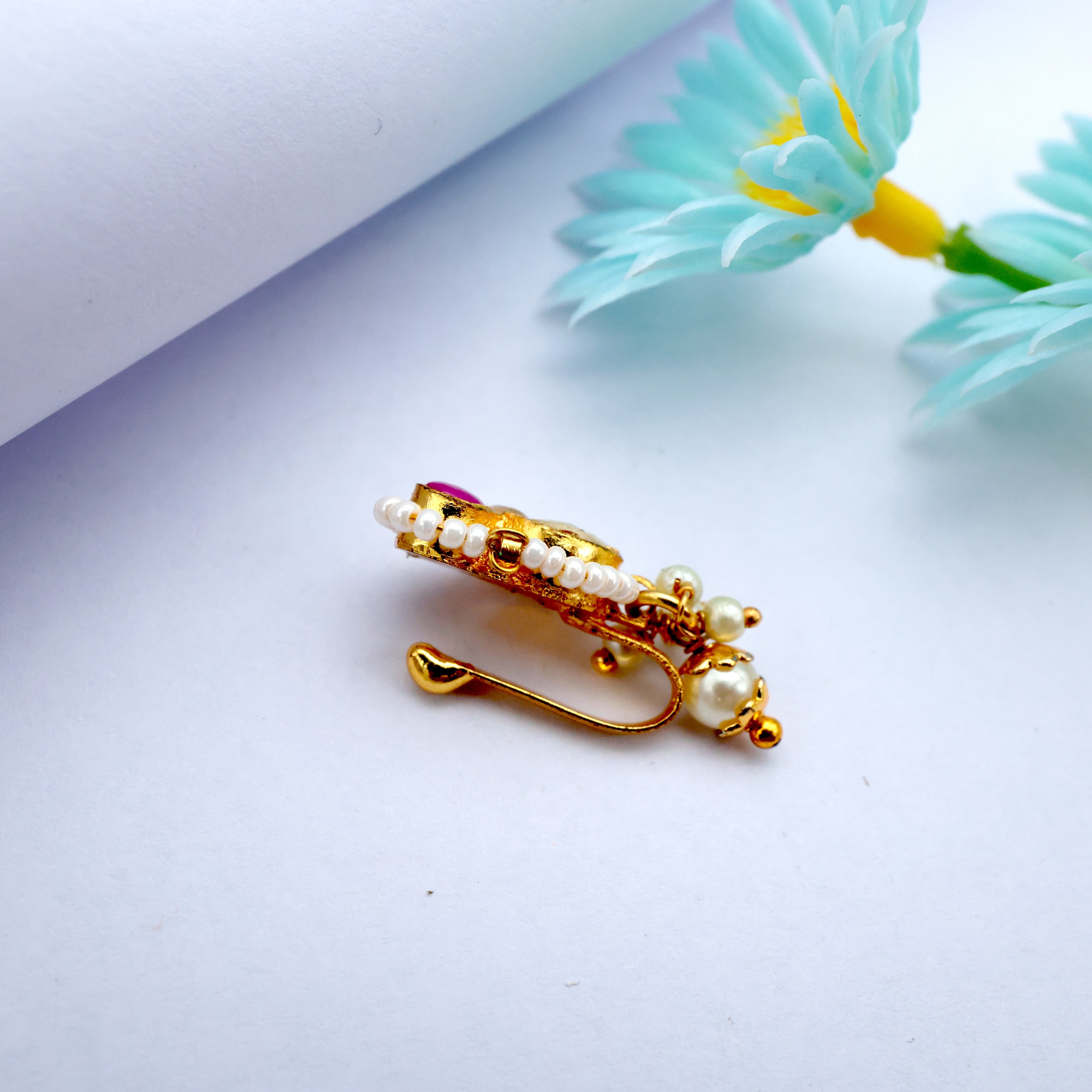 Premium Pachi Kundan Paisley Pearl Outline Clip On Nose Pin - Kundan Bridal Nosepin