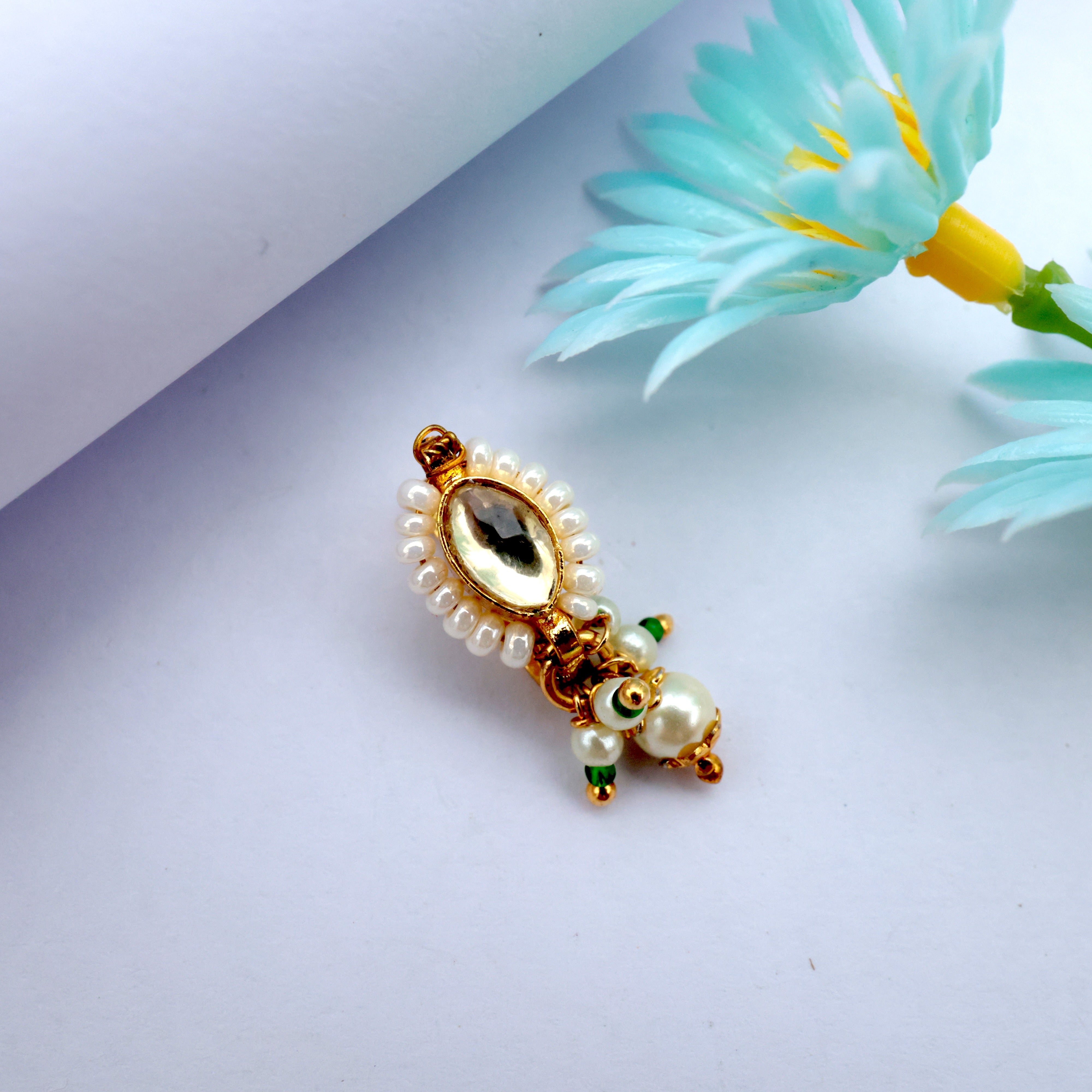 Premium Pachi Kundan Oval Pearl Outline Clip On Nose Pin - Kundan Bridal Nosepin