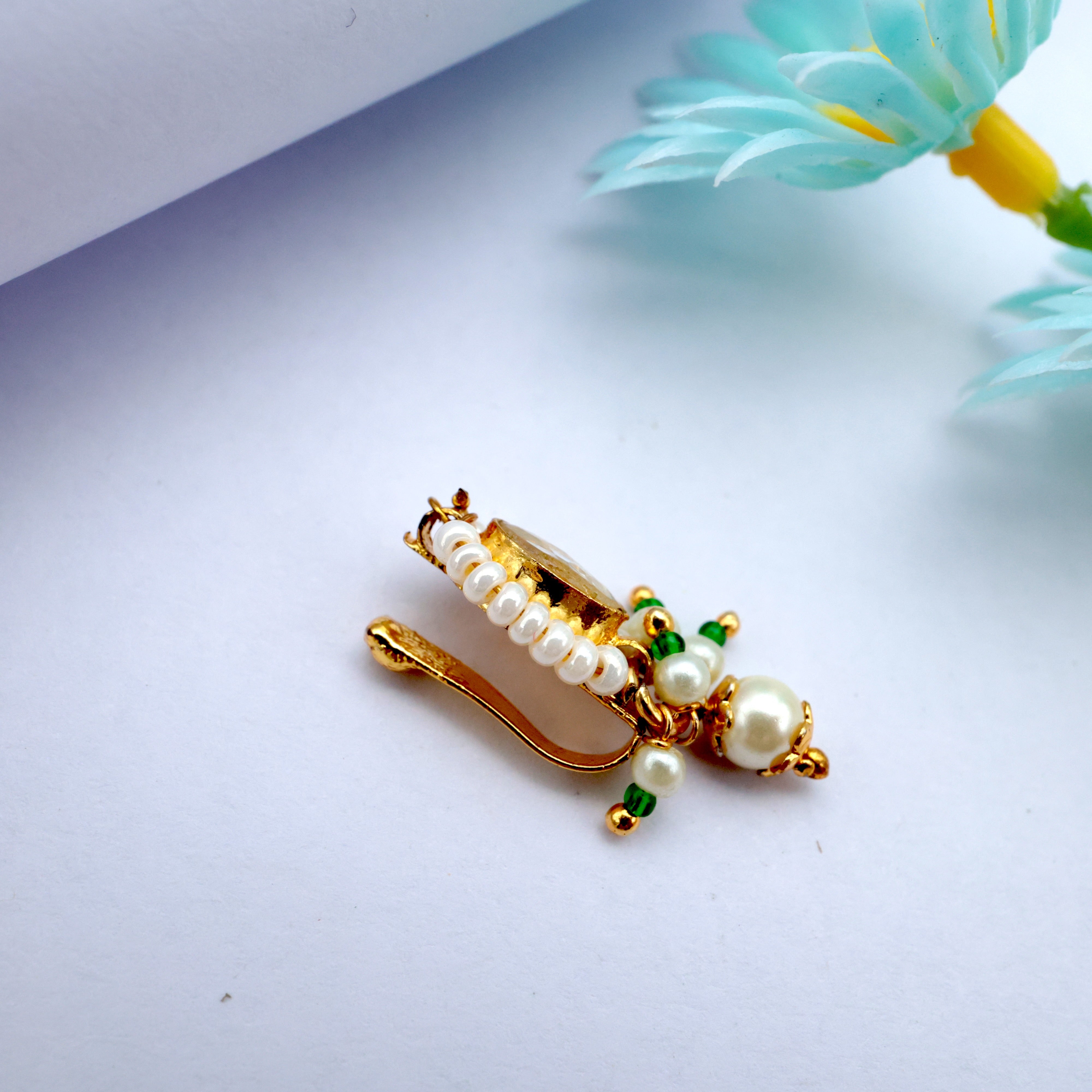 Premium Pachi Kundan Oval Pearl Outline Clip On Nose Pin - Kundan Bridal Nosepin