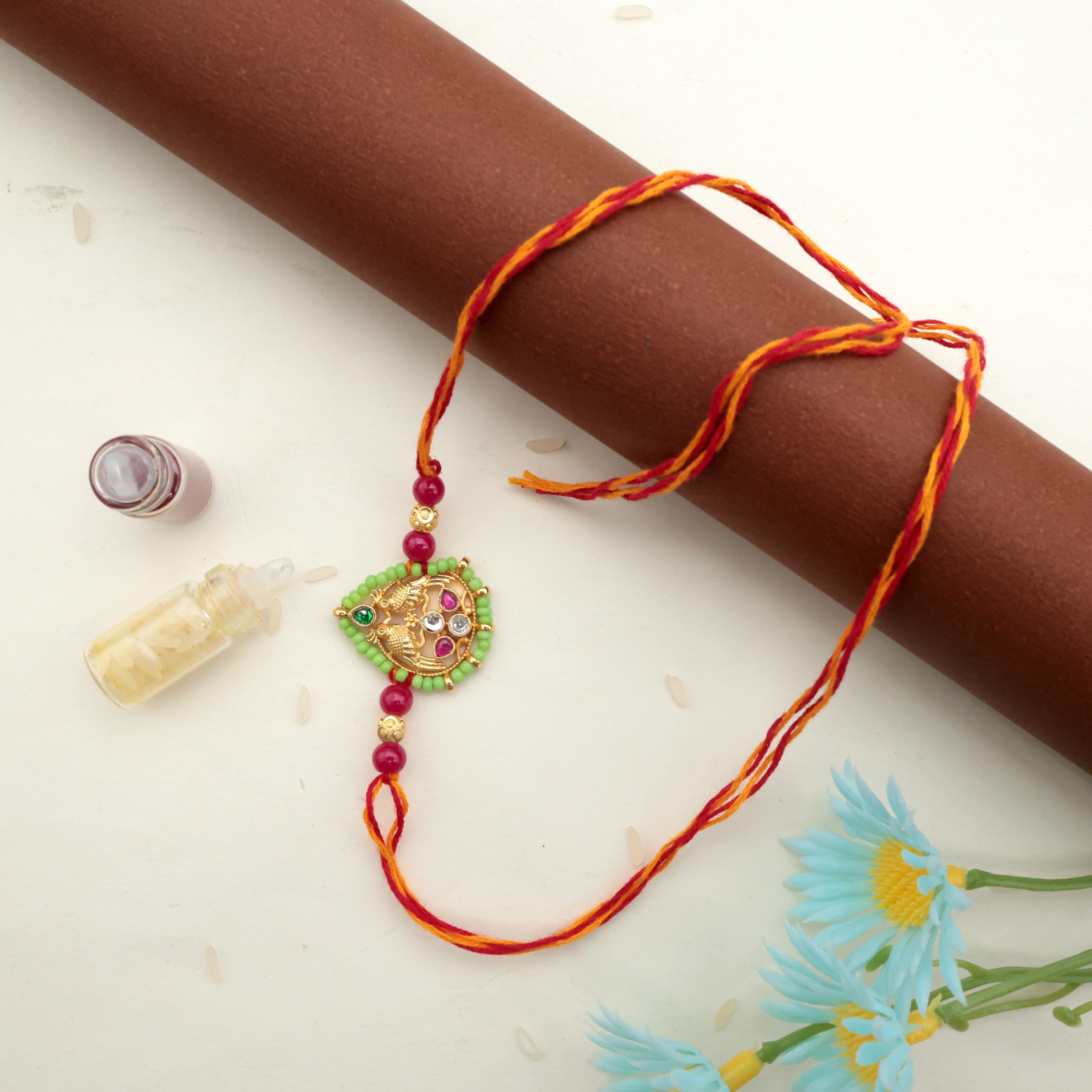 Handmade Premium & Divine Pachi Kundan Rakhi - Rettapakshi