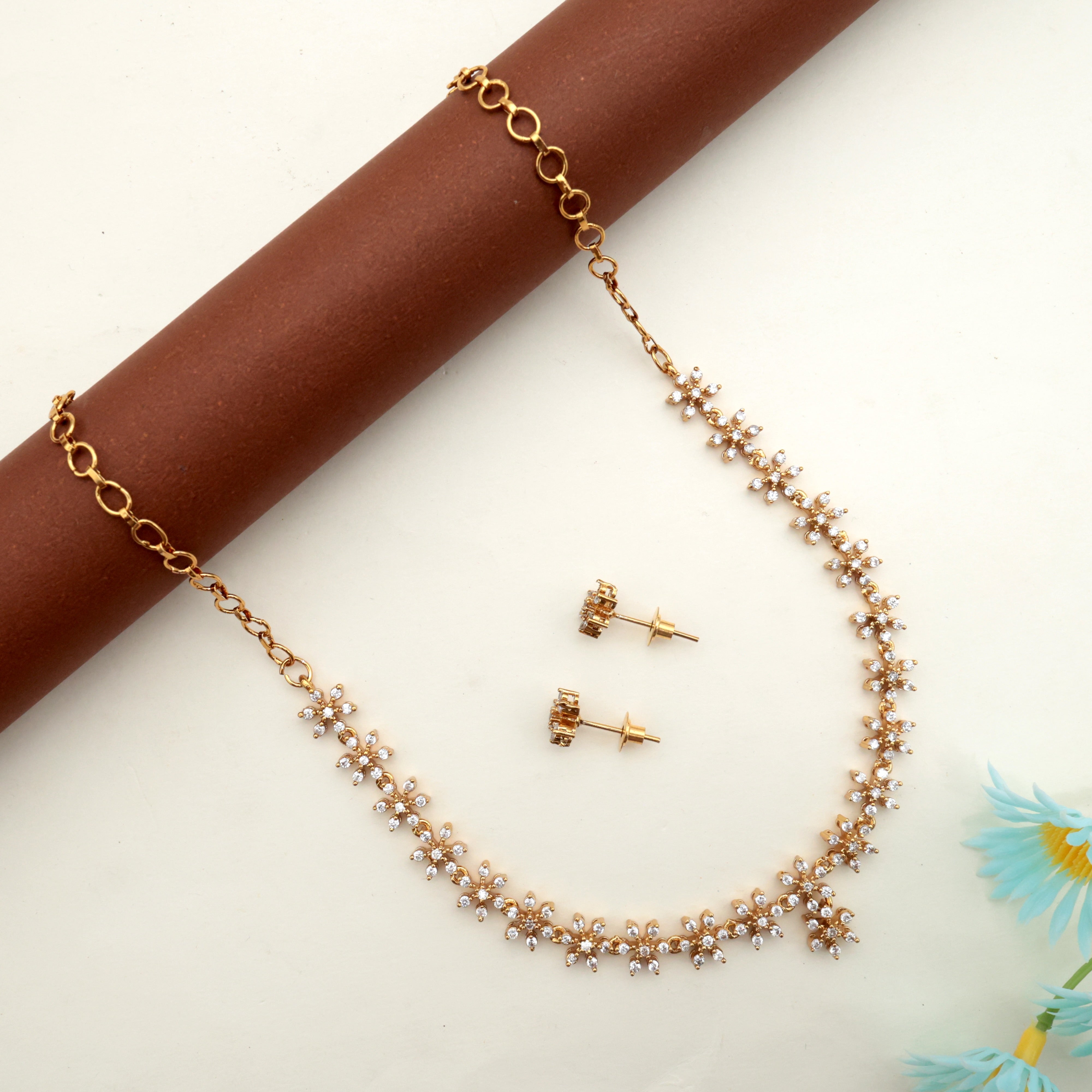 Diamond Look AD 7 Stone Star Flower Necklace Set