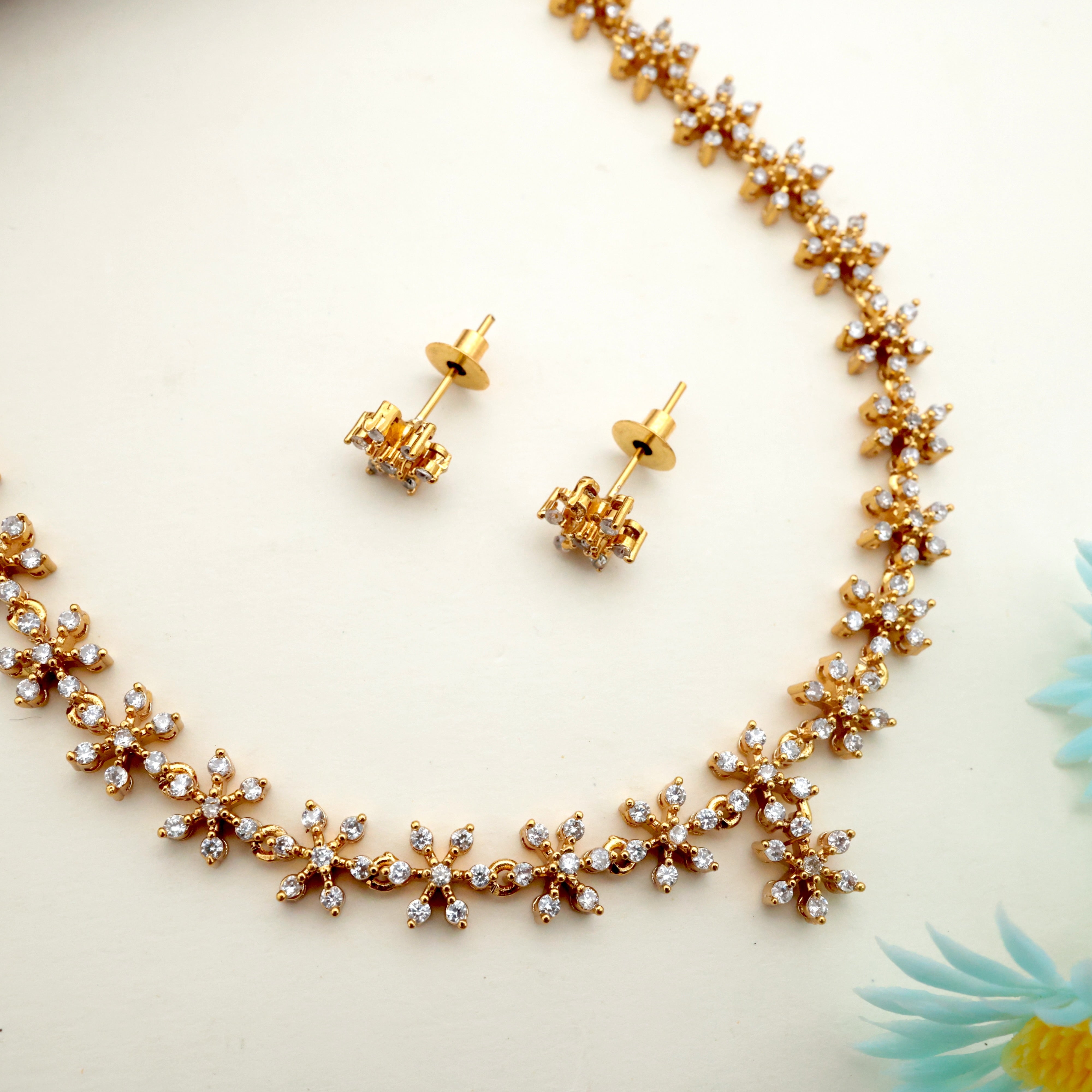 Diamond Look AD 7 Stone Star Flower Necklace Set