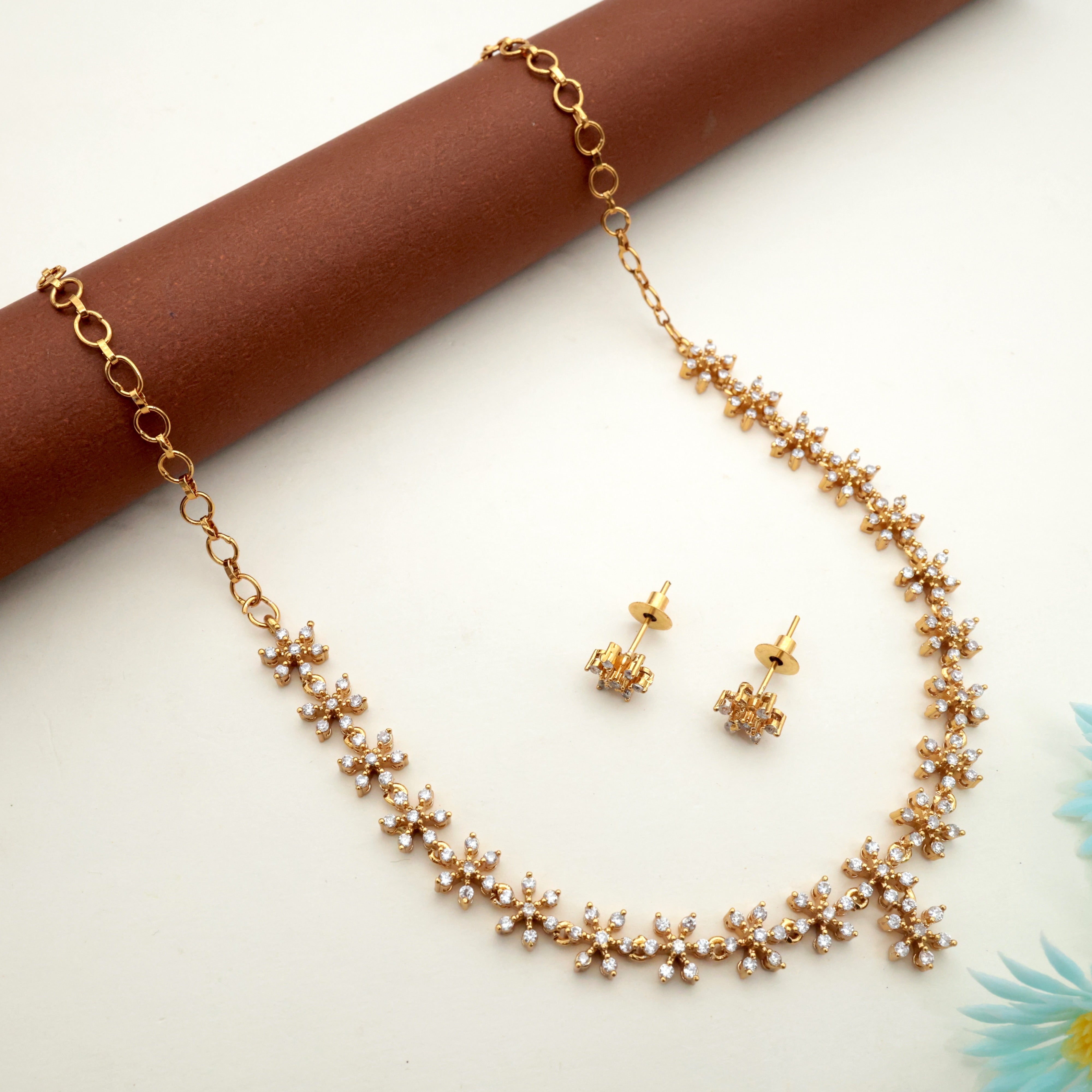 Diamond Look AD 7 Stone Star Flower Necklace Set