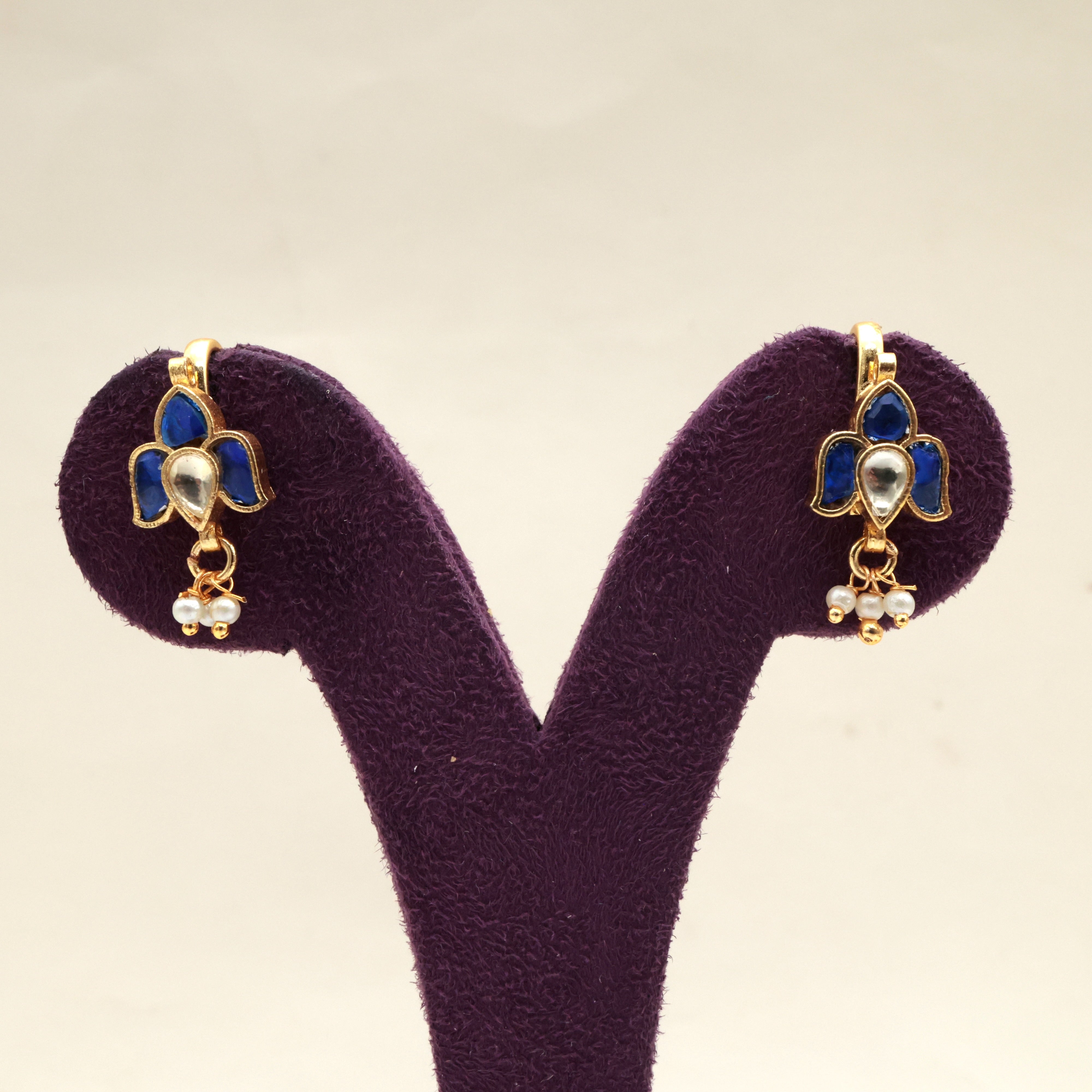 PREMIUM PACHI KUNDAN SMALL LOTUS KOPPU EARRINGS (BLUE) - BUGADI EARRINGS FOR WOMEN