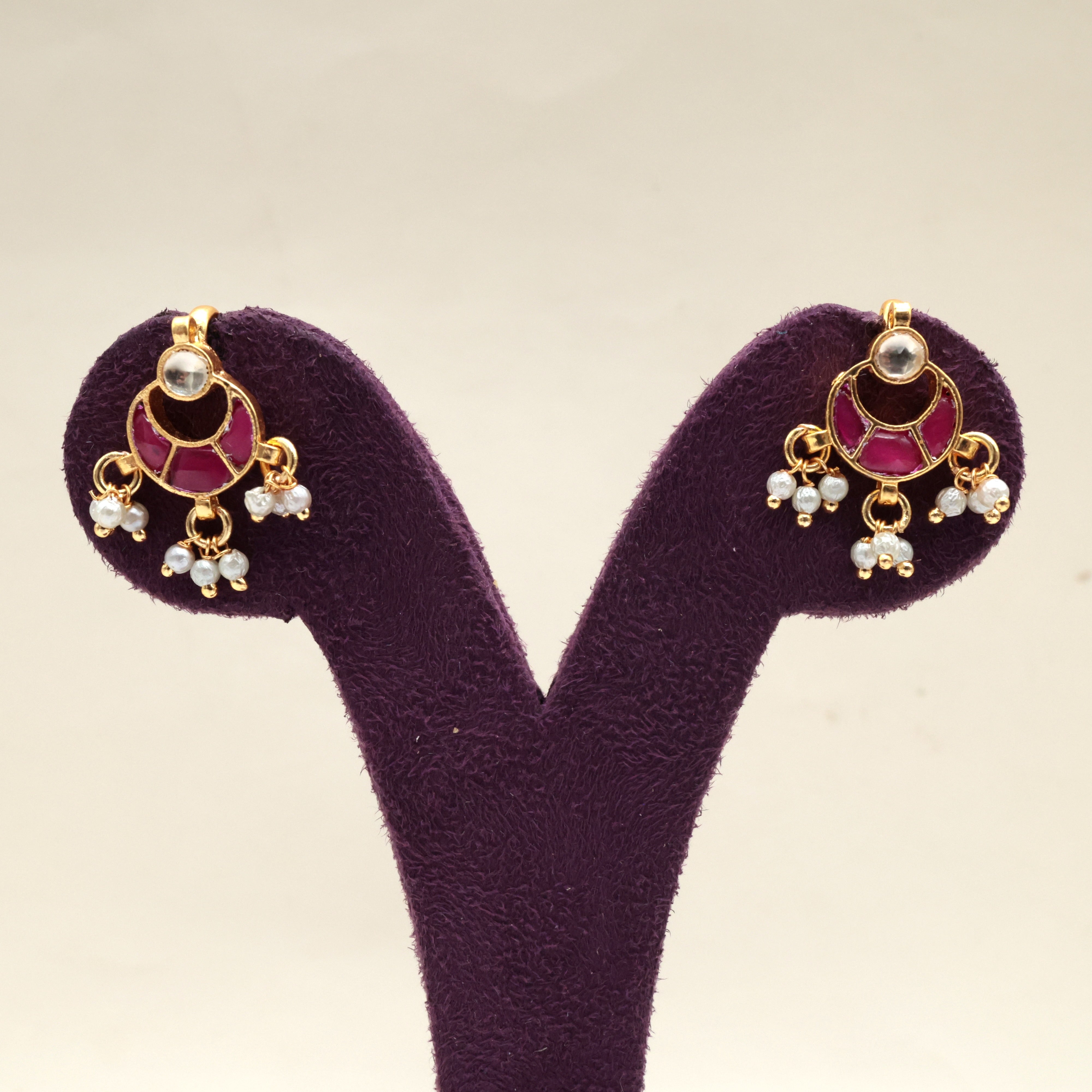 PREMIUM PACHI KUNDAN SMALL CHAAND KOPPU EARRINGS (RUBY) - BUGADI EARRINGS FOR WOMEN