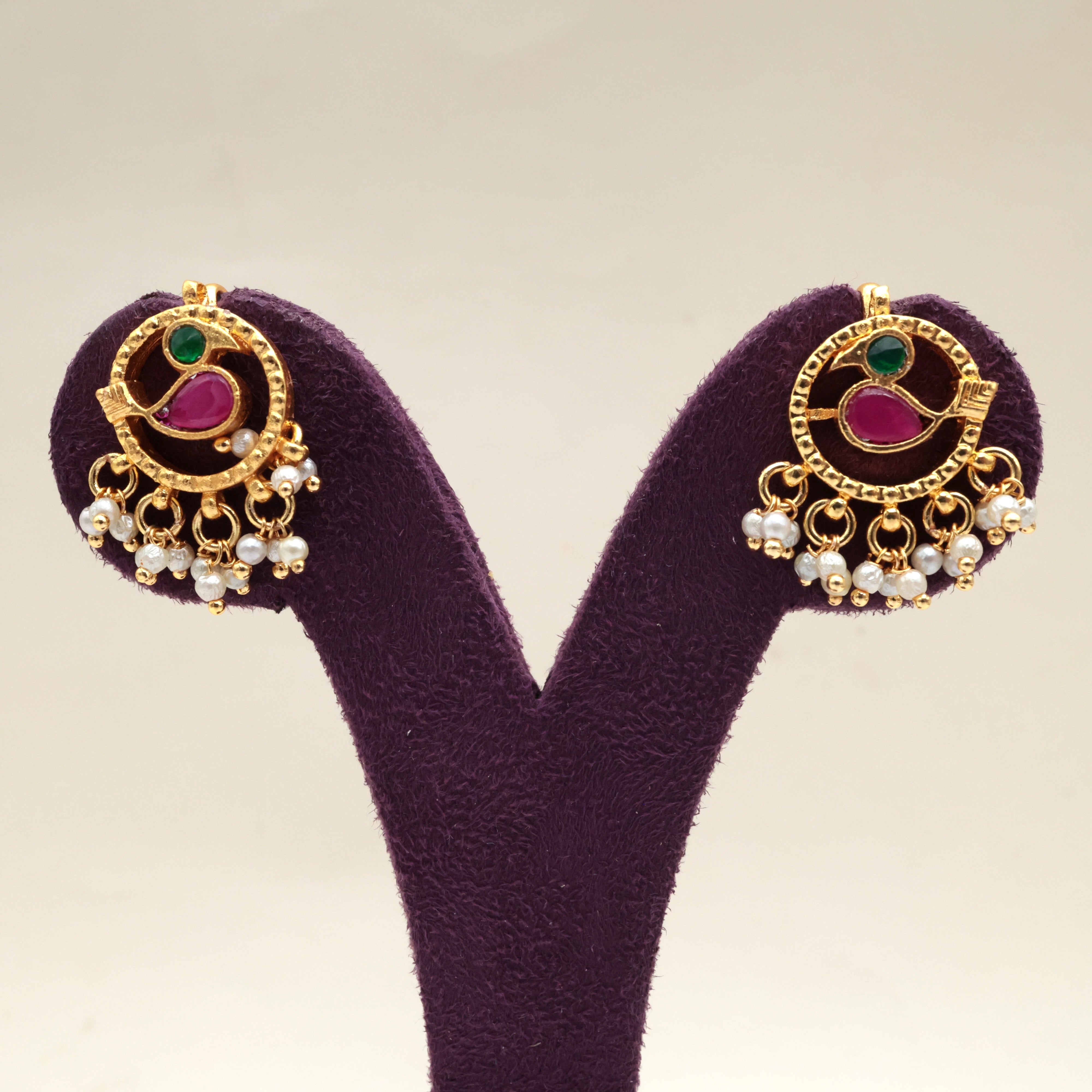 PREMIUM PACHI KUNDAN ROUND BIRD KOPPU EARRINGS - BUGADI EARRINGS FOR WOMEN