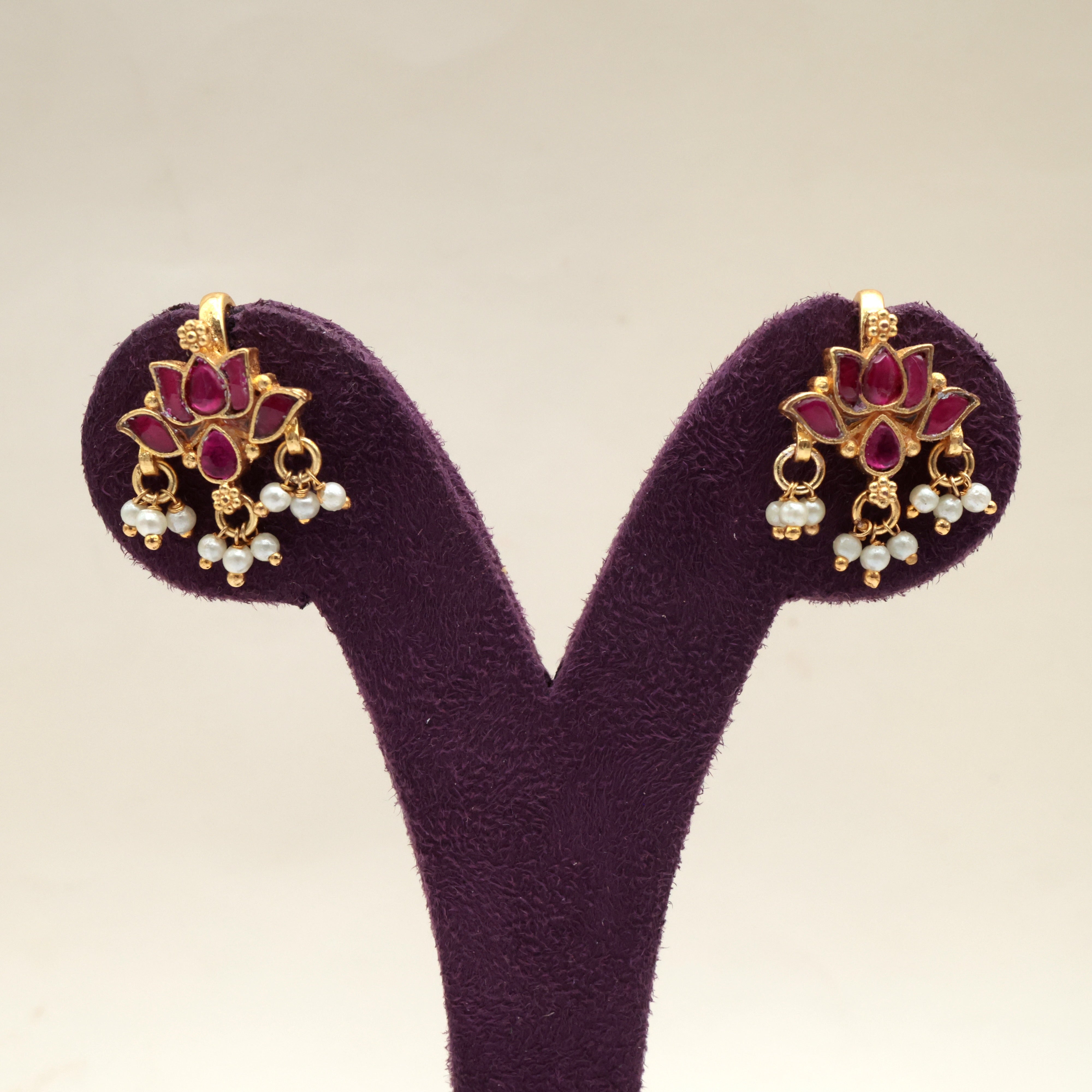 Premium Pachi Kundan Lotus Koppu Earrings (Ruby) - Bugadi Earrings For Women