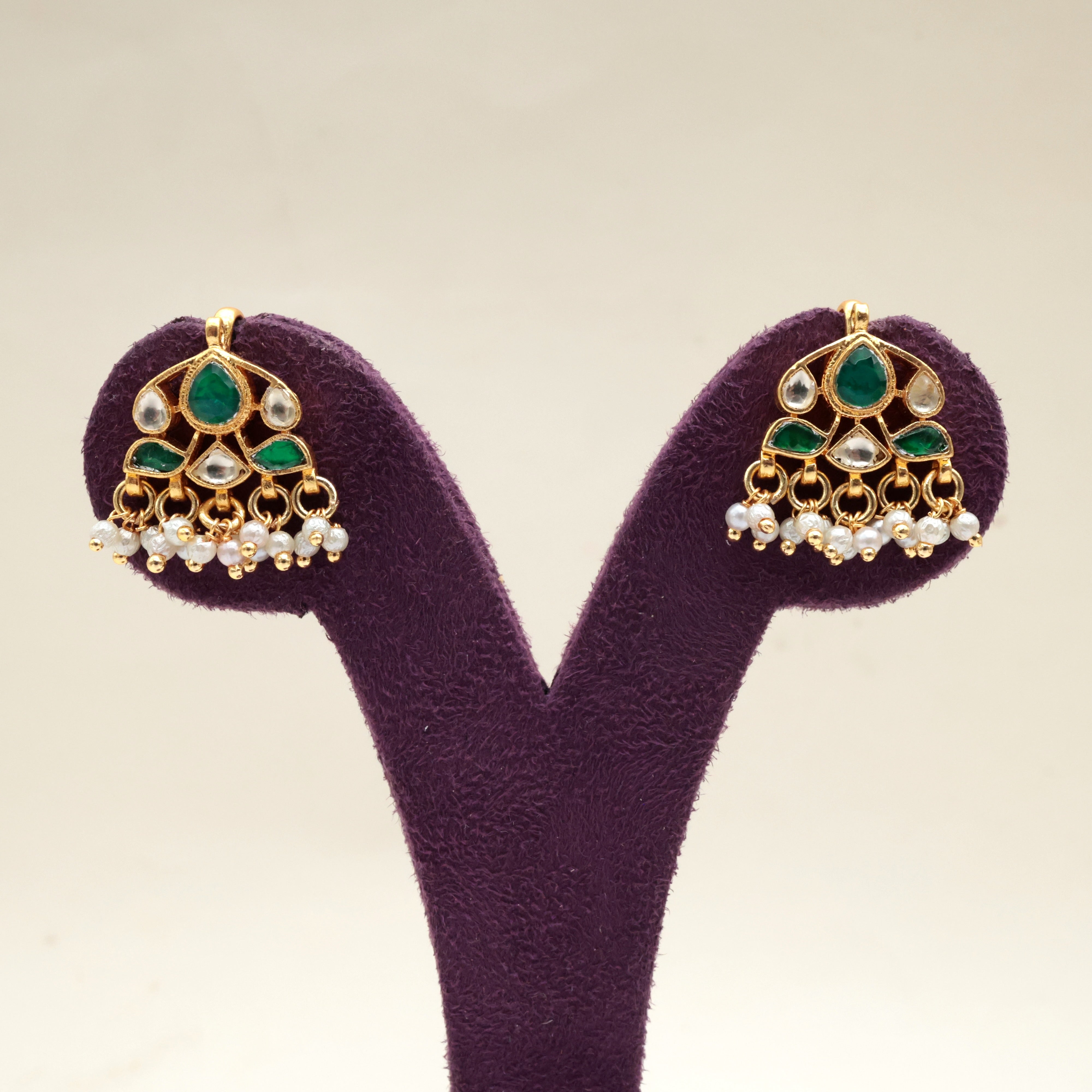 PREMIUM PACHI KUNDAN HANGING FLOWER KOPPU EARRINGS (Green & White) - BUGADI EARRINGS FOR WOMEN