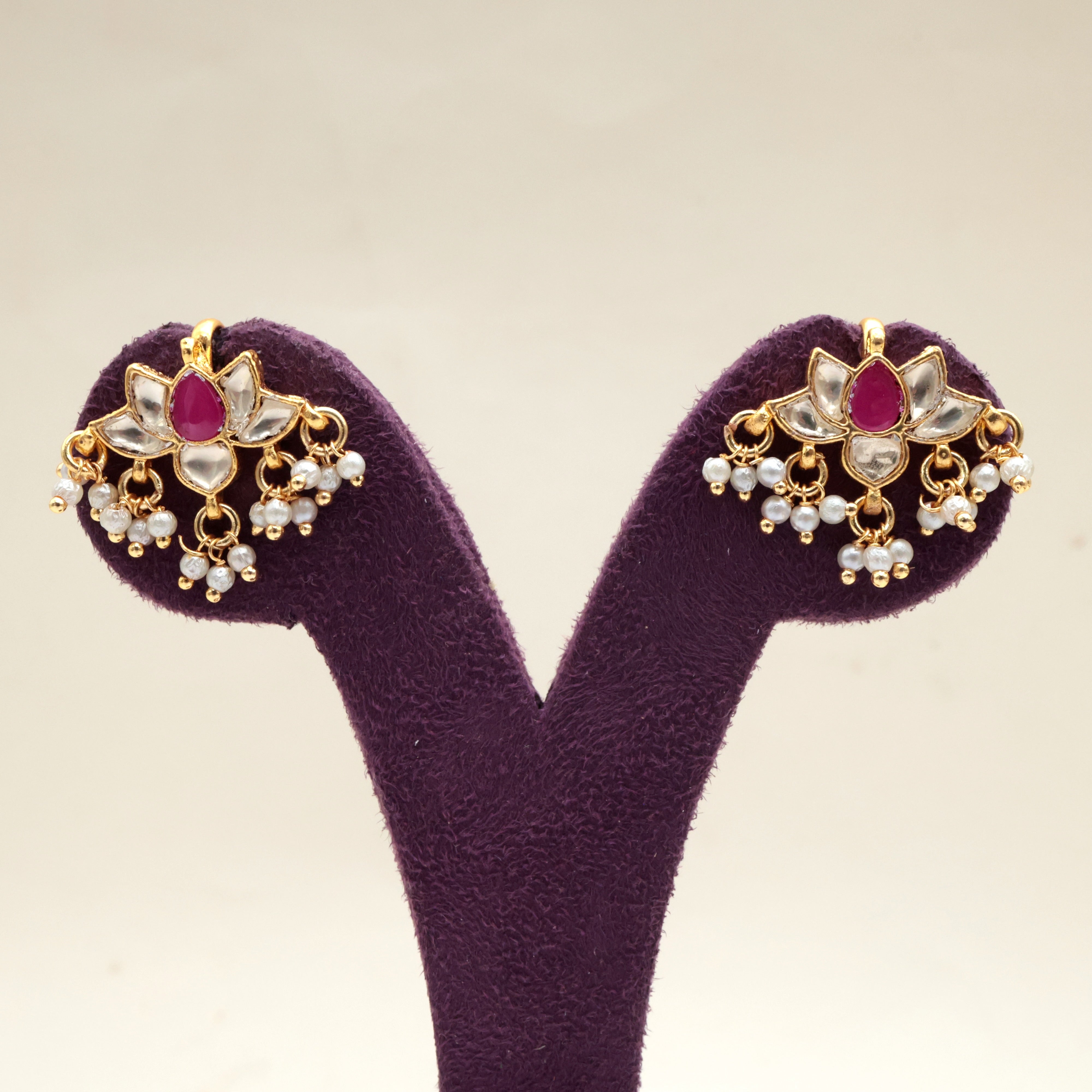 Premium Pachi Kundan Tamara Koppu Earrings (White & Ruby) - Bugadi Earrings For Women