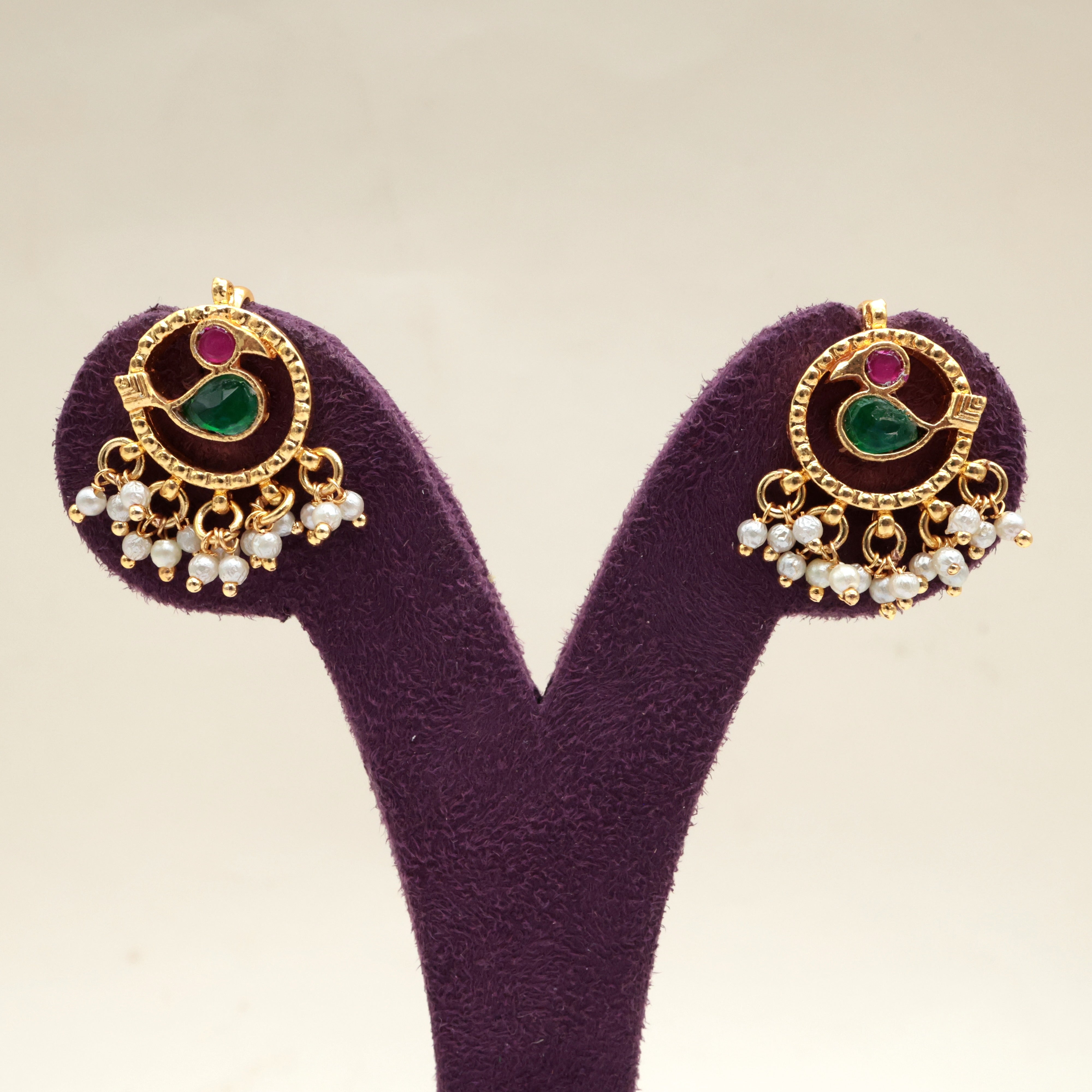 PREMIUM PACHI KUNDAN ROUND BIRD KOPPU EARRINGS - BUGADI EARRINGS FOR WOMEN