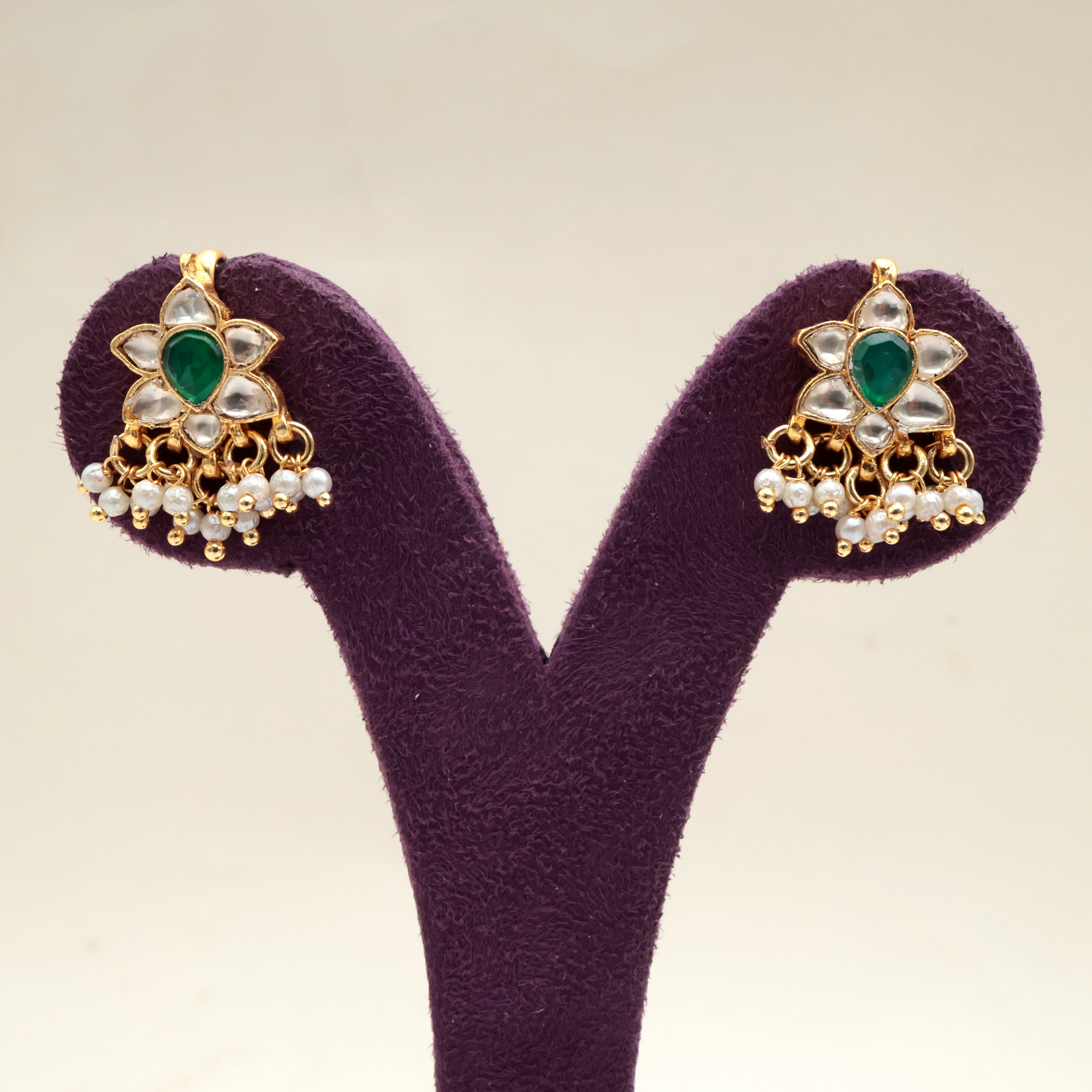 PREMIUM PACHI KUNDAN STAR FLOWER KOPPU EARRINGS - BUGADI EARRINGS FOR WOMEN