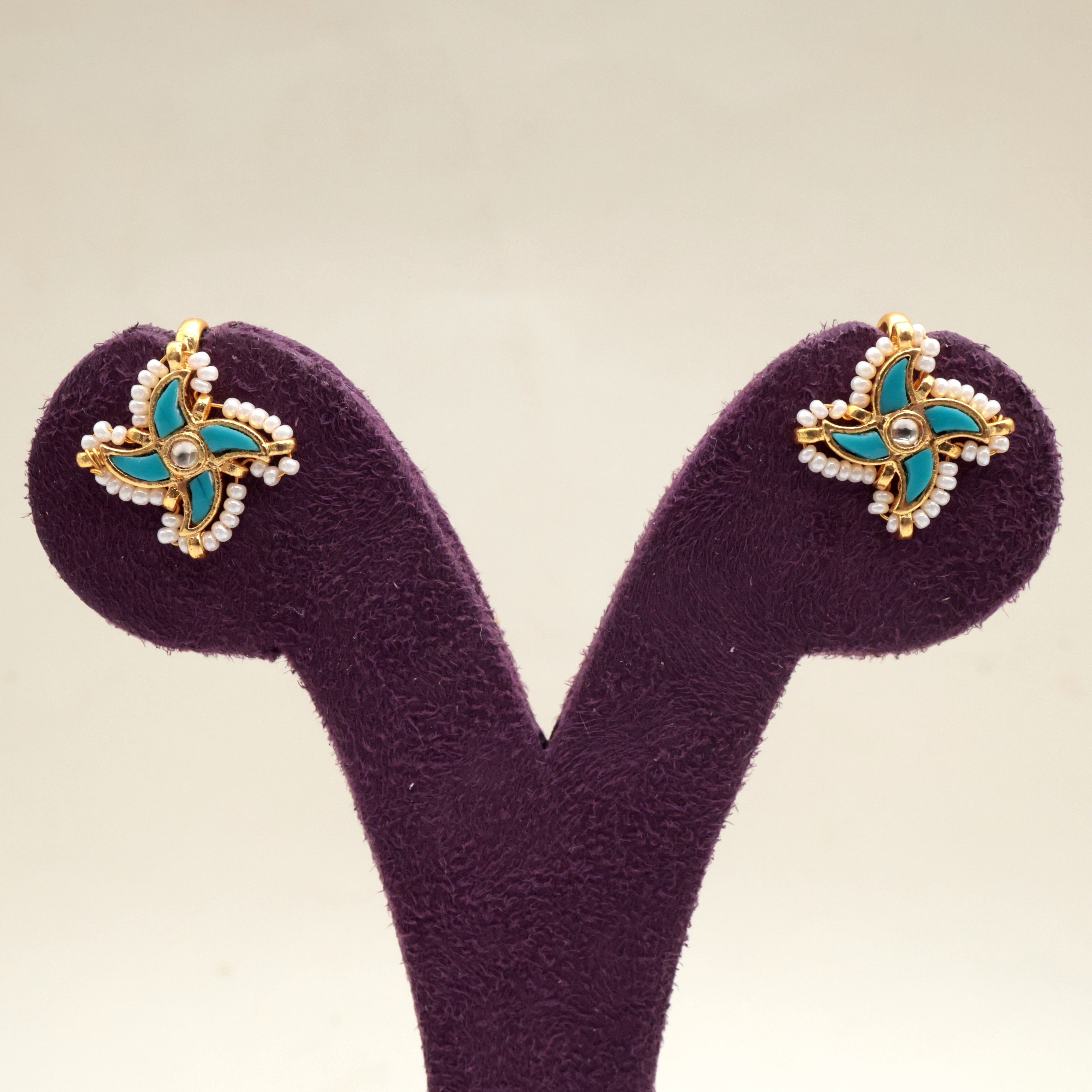 PREMIUM PACHI KUNDAN FAN KOPPU EARRINGS (TURQUOISE) - BUGADI EARRINGS FOR WOMEN