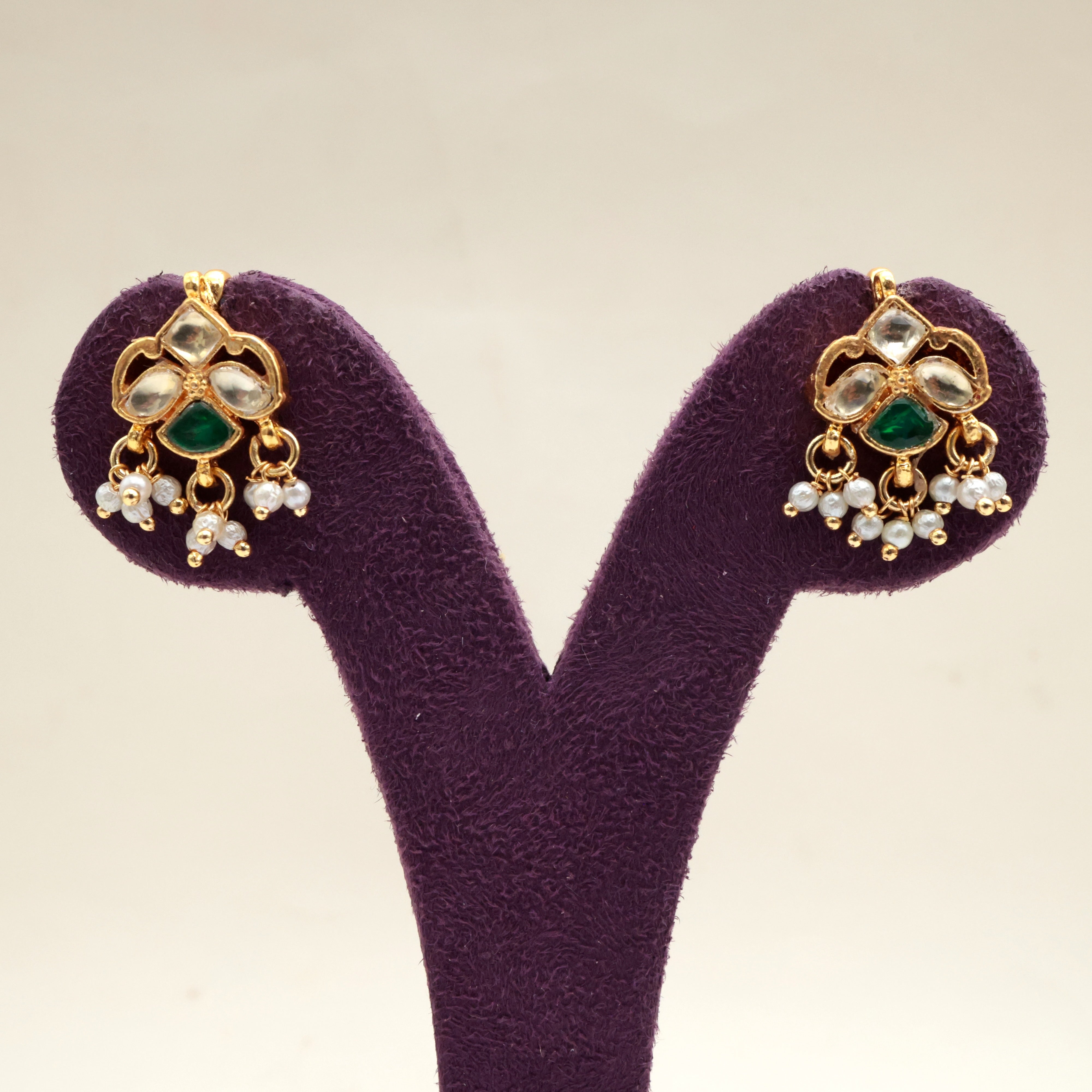 PREMIUM PACHI KUNDAN HANGING FLOWER KOPPU EARRINGS - BUGADI EARRINGS FOR WOMEN