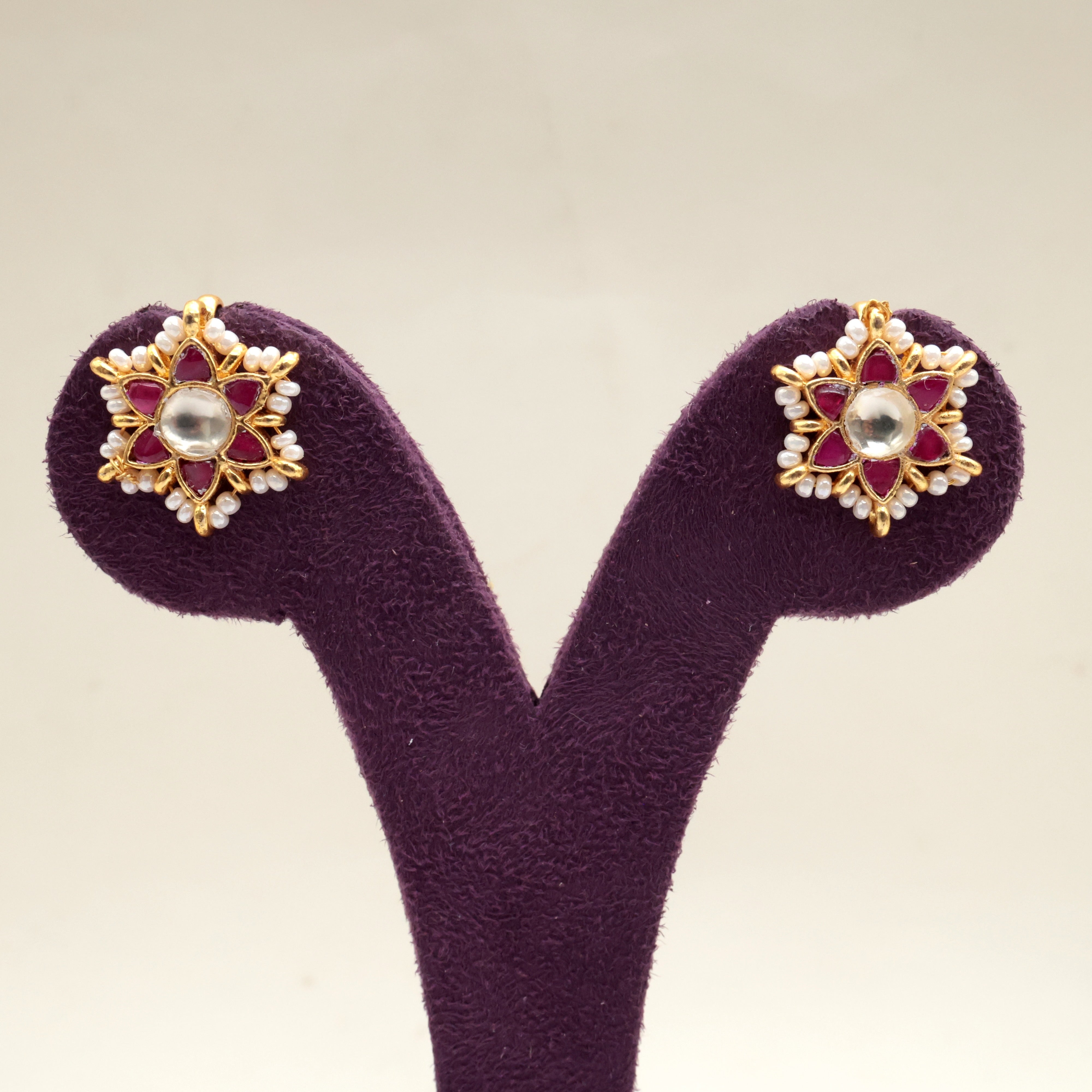 PREMIUM PACHI KUNDAN STAR FLOWER KOPPU EARRINGS (RUBY) - BUGADI EARRINGS FOR WOMEN