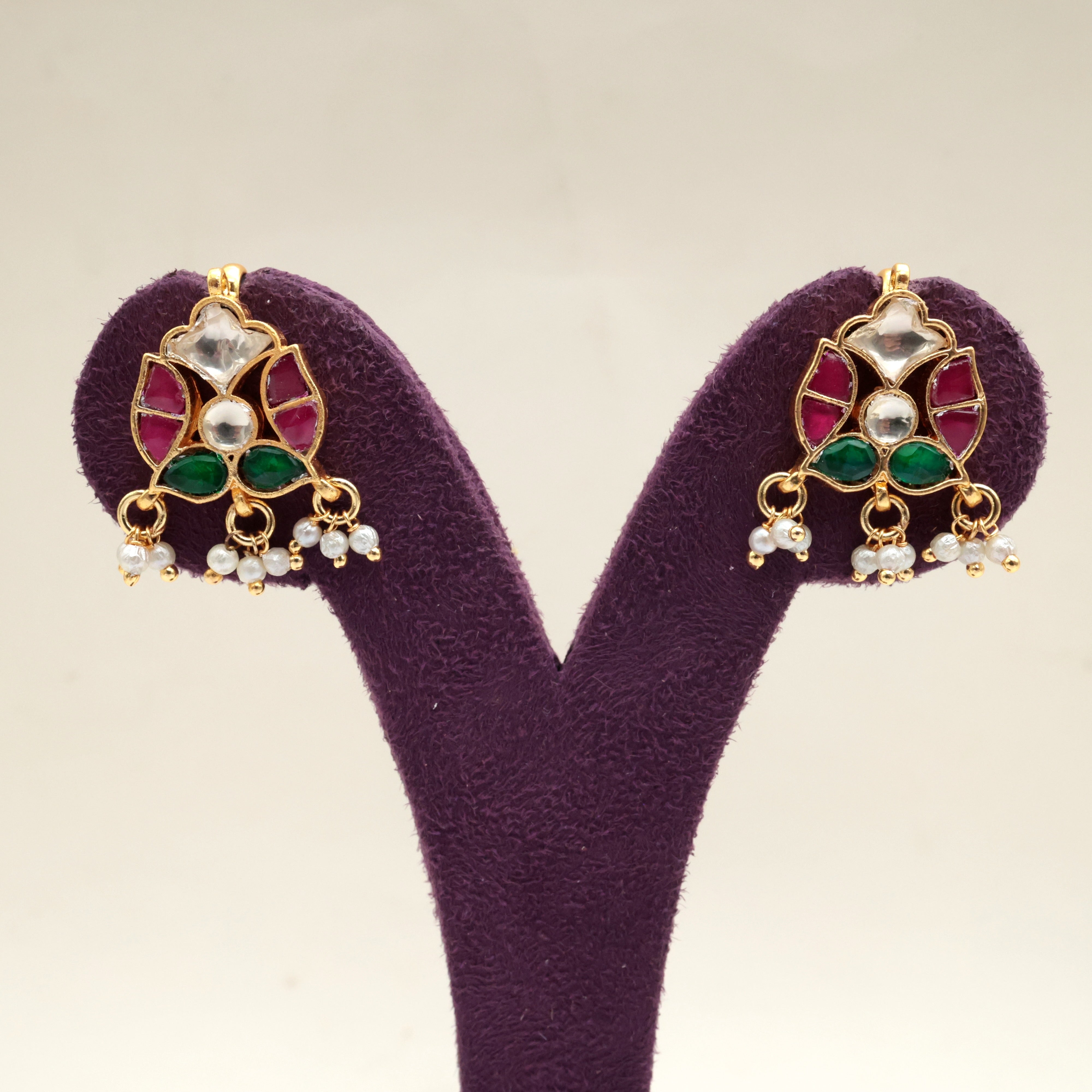 PREMIUM PACHI KUNDAN DESIGNER FLOWER KOPPU EARRINGS - BUGADI EARRINGS FOR WOMEN