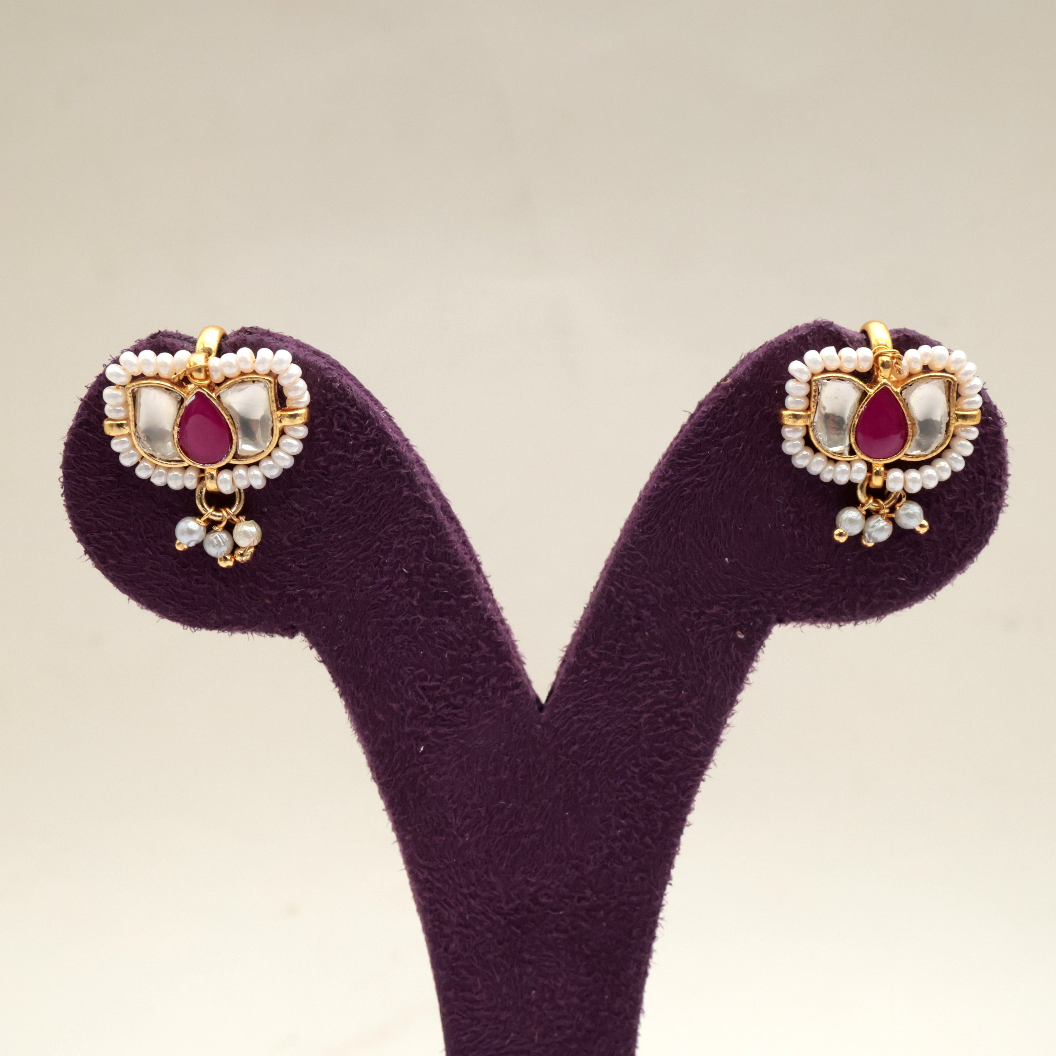 PREMIUM PACHI KUNDAN 3 PETAL LOTUS KOPPU EARRINGS - BUGADI EARRINGS FOR WOMEN