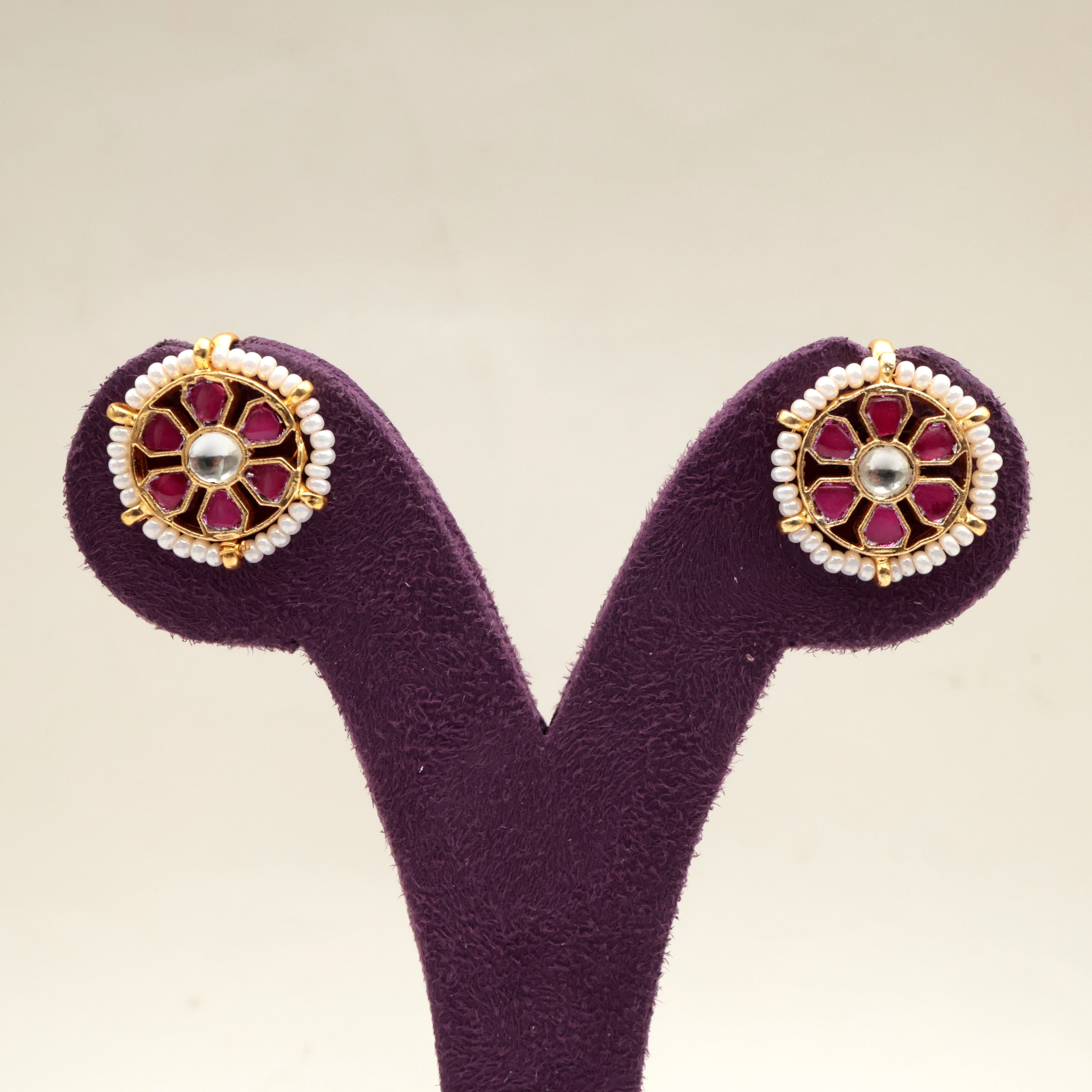 PREMIUM PACHI KUNDAN 6 PETAL CHAKRA KOPPU EARRINGS (RUBY) - BUGADI EARRINGS FOR WOMEN