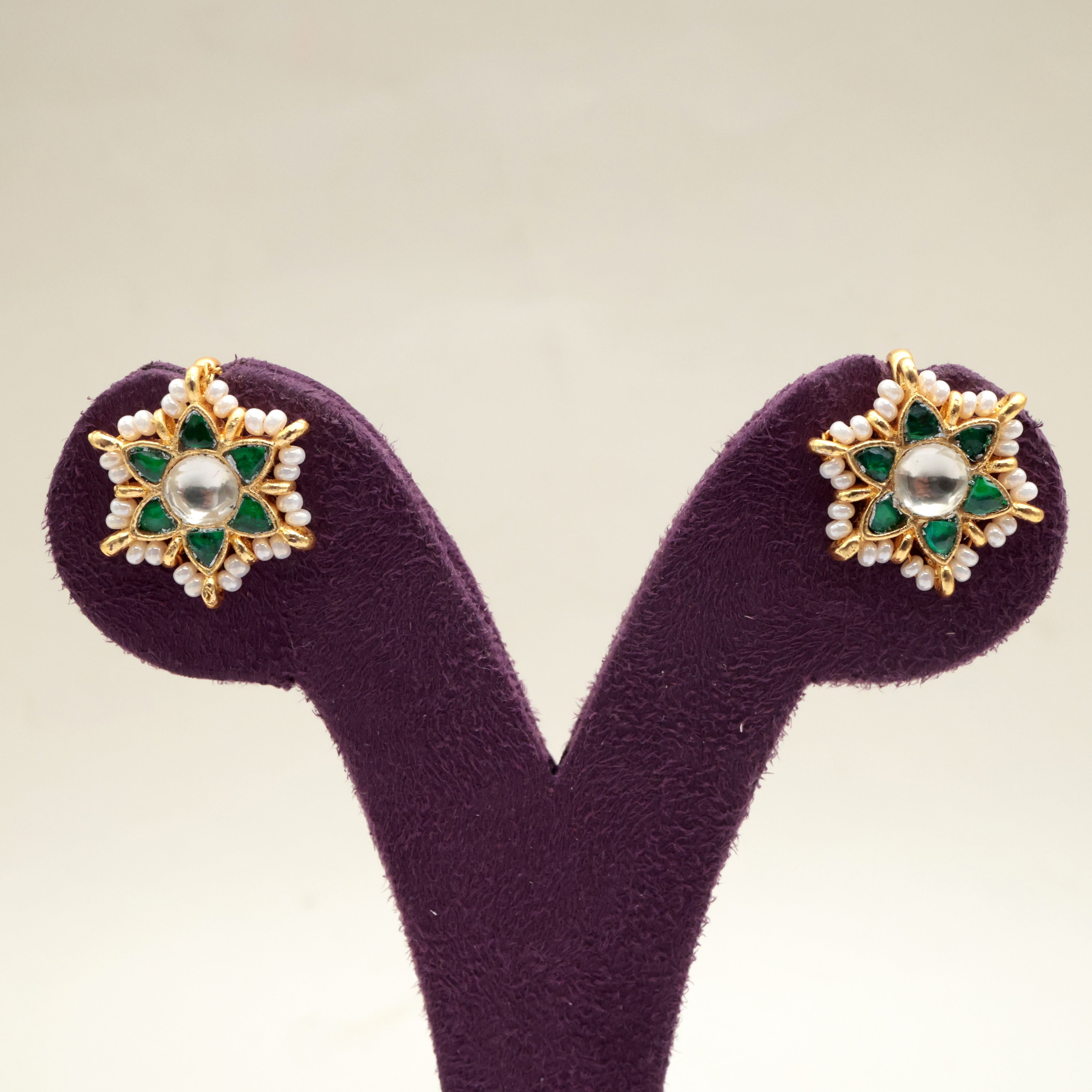Premium Pachi Kundan Star Flower Koppu Earrings (Green) - Bugadi Earrings For Women