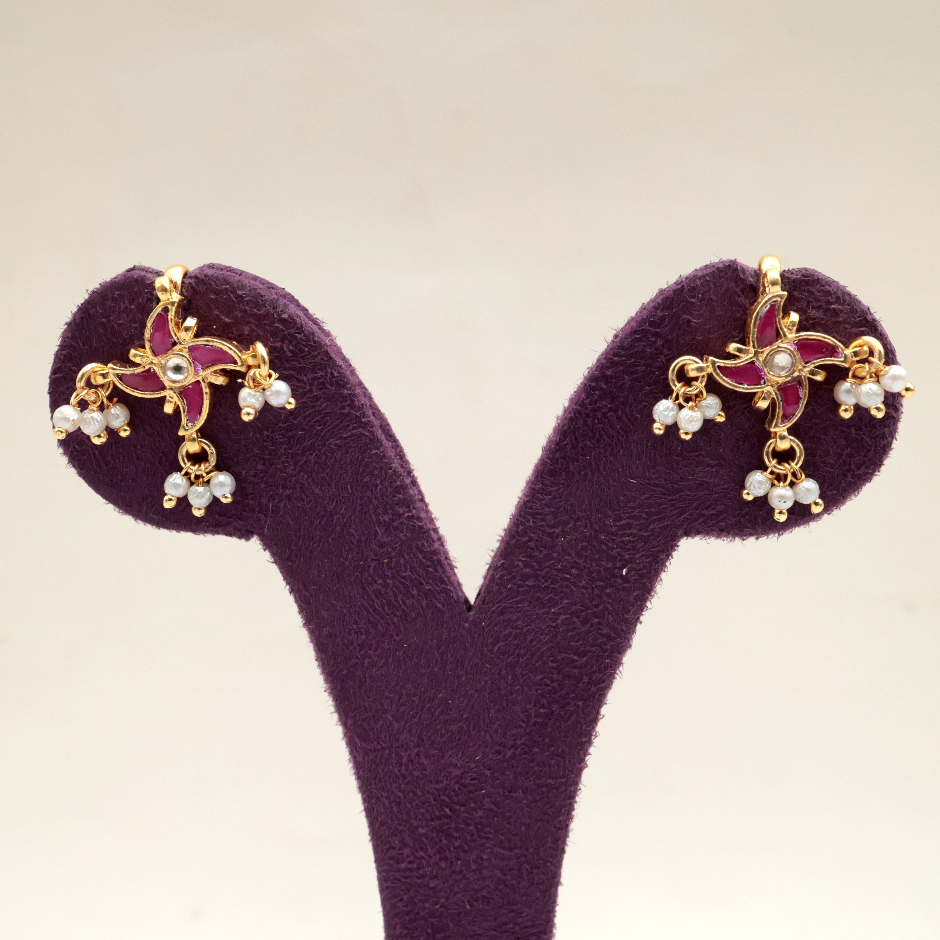 Premium Pachi Kundan Fan Koppu Earrings (Ruby) - Bugadi Earrings For Women