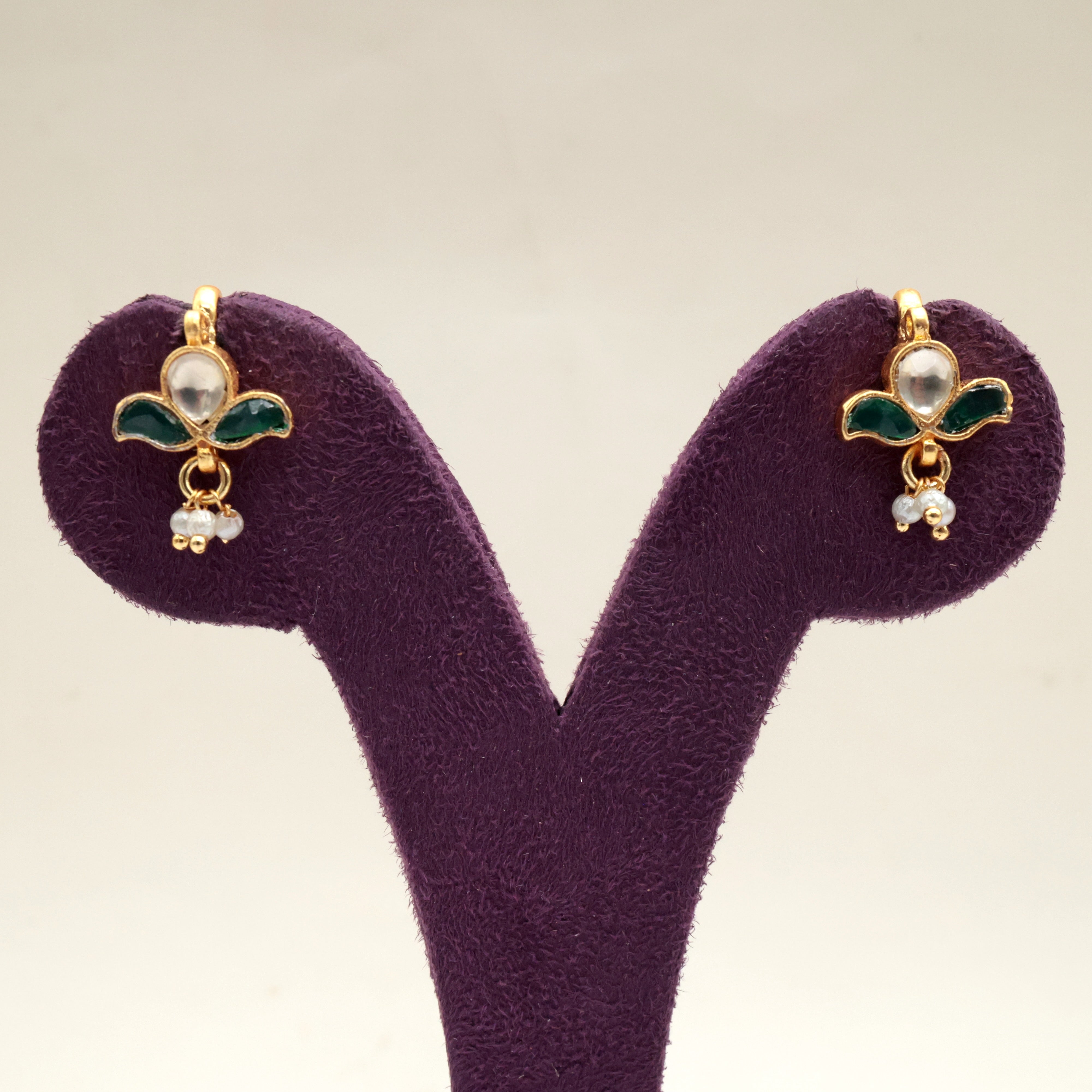 Premium Pachi Kundan Double Leaf Flower Bud Koppu Earrings (Green) - Bugadi Earrings For Women