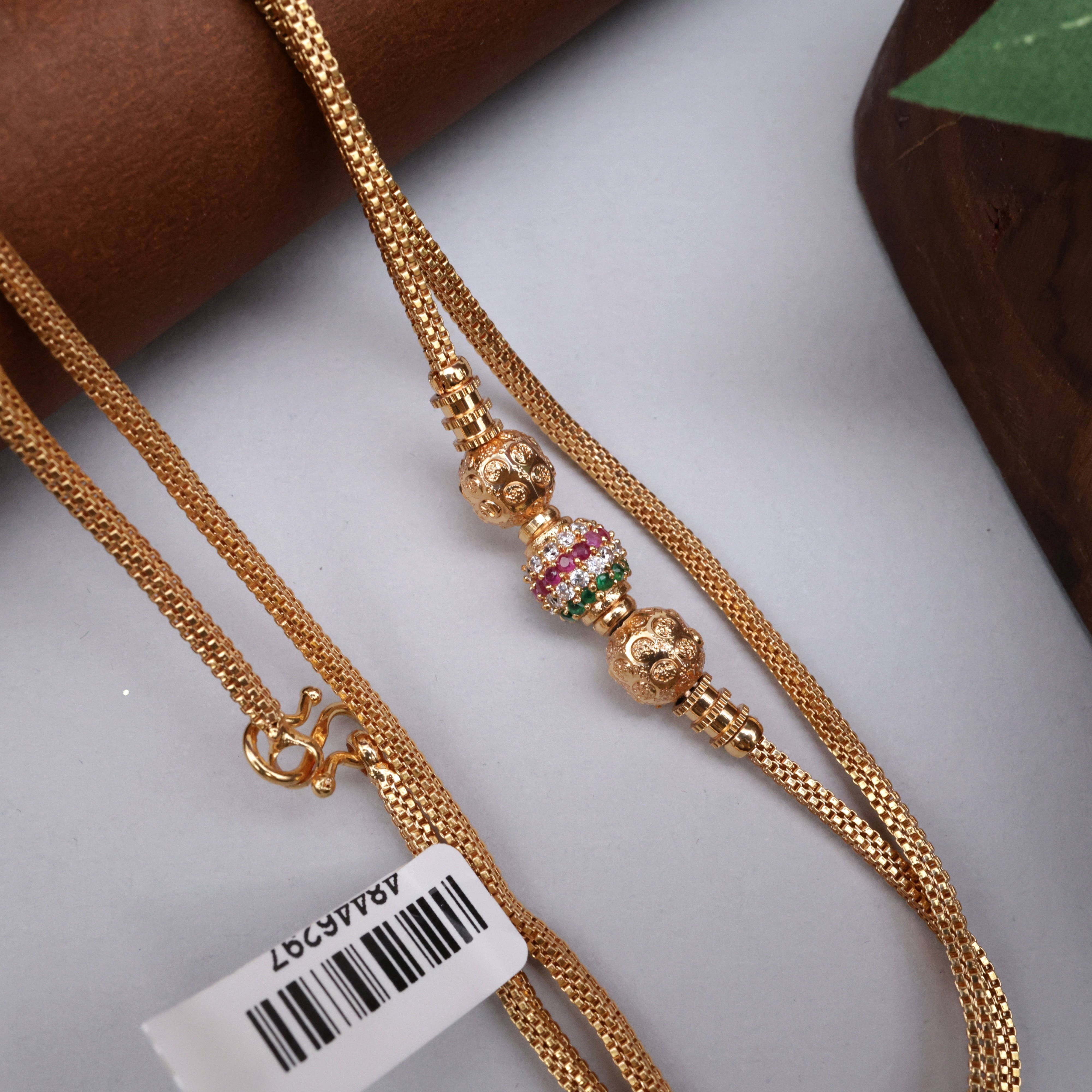 Diamond Gold Look AD Balls Mugappu Chain - Multi & Gold Balls