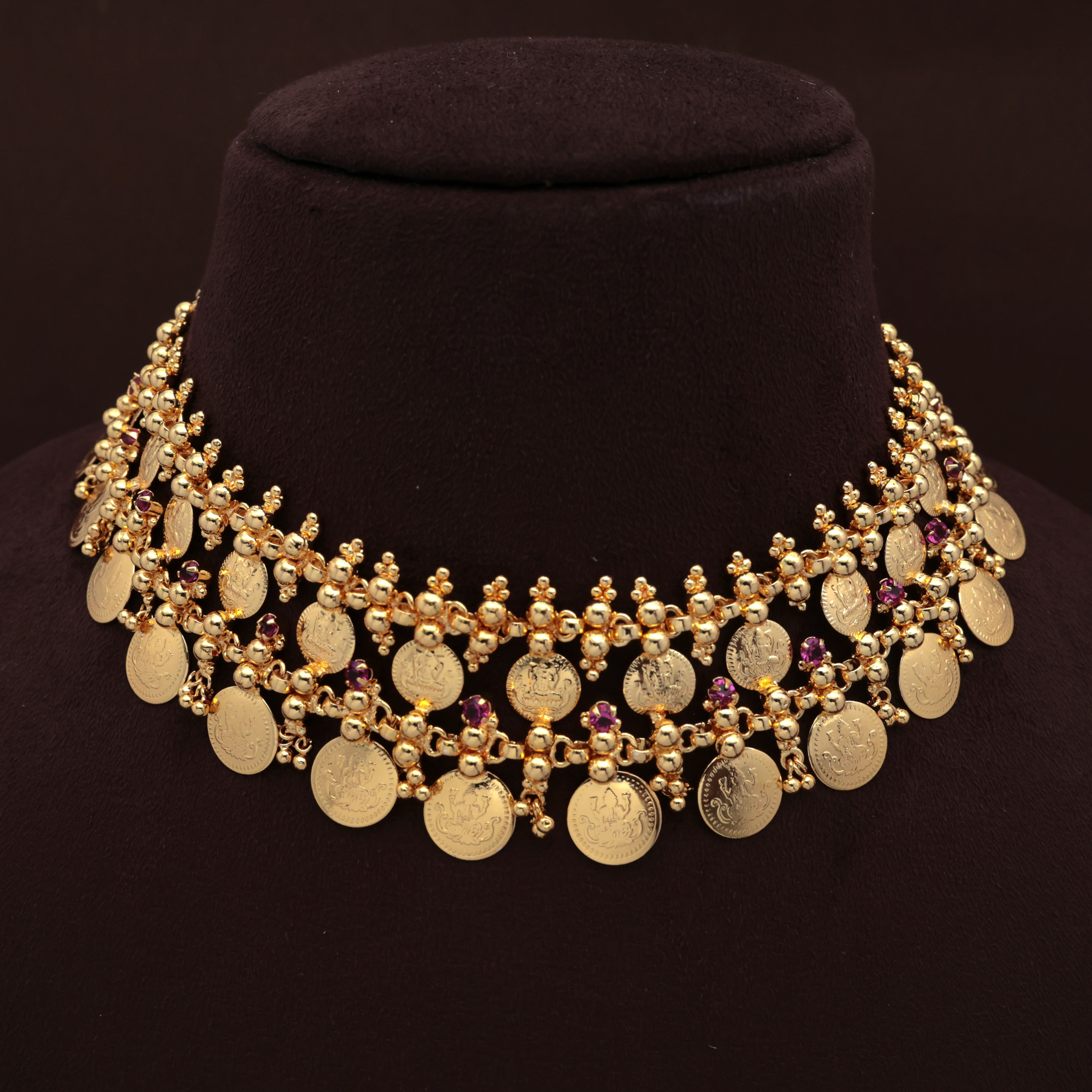 Real Gold Tone Traditional Lakshmi Coin Double Layer Choker Necklace