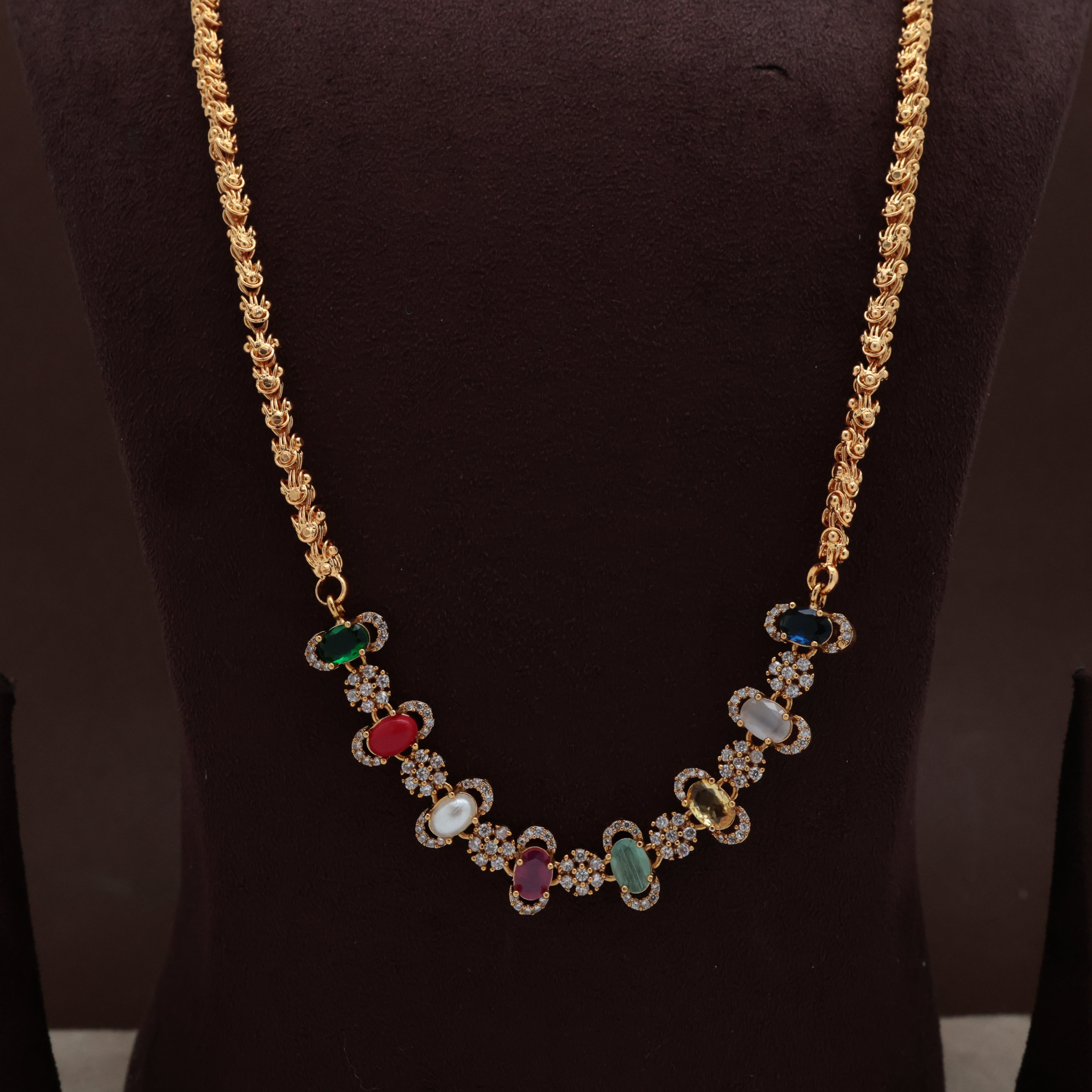 Real Gold Tone Multi Colour Oval Stone Pendant Chain