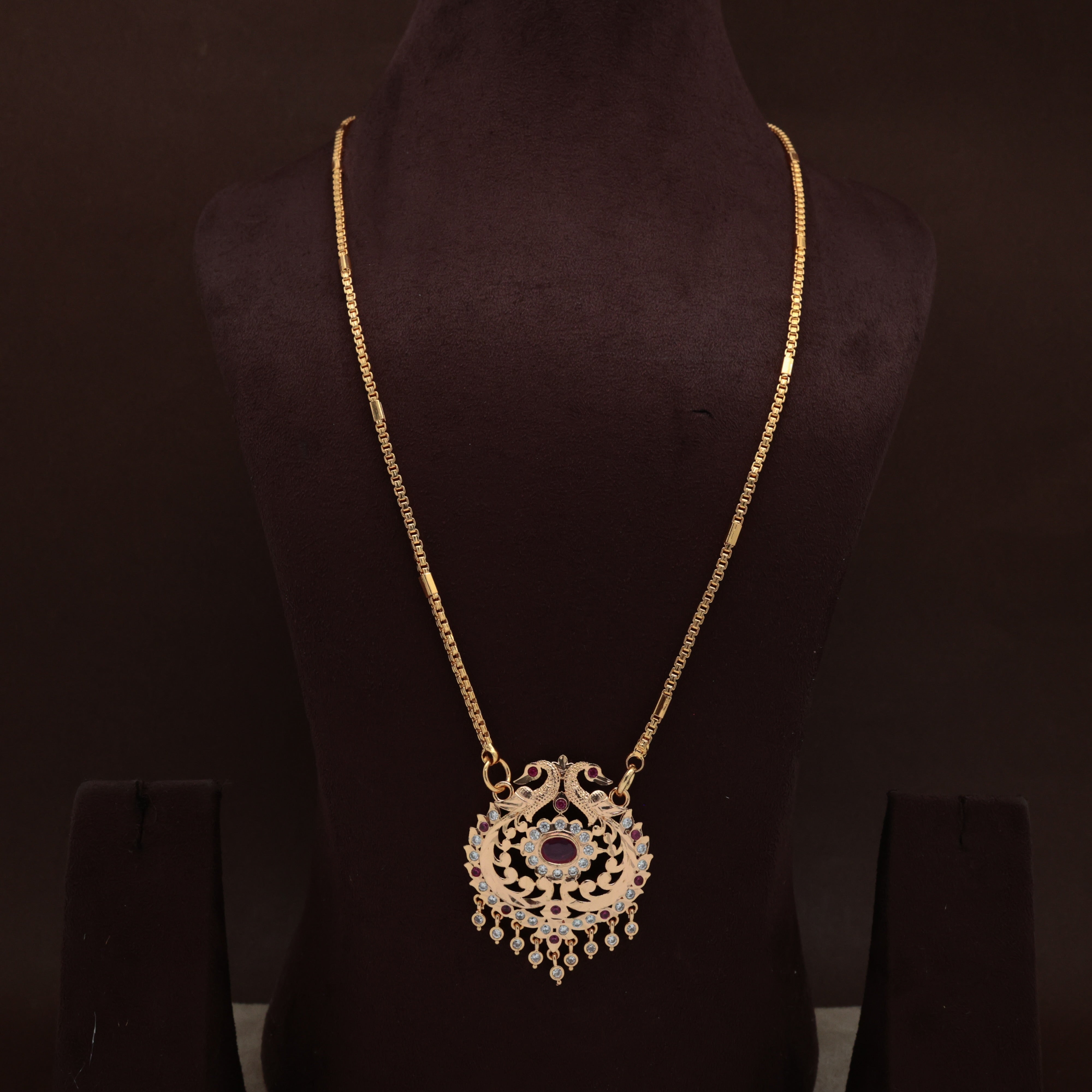 REAL GOLD TONE RETTAPAKSHI AD TRADITIONAL PENDANT CHAIN (FULL RUBY STONES)