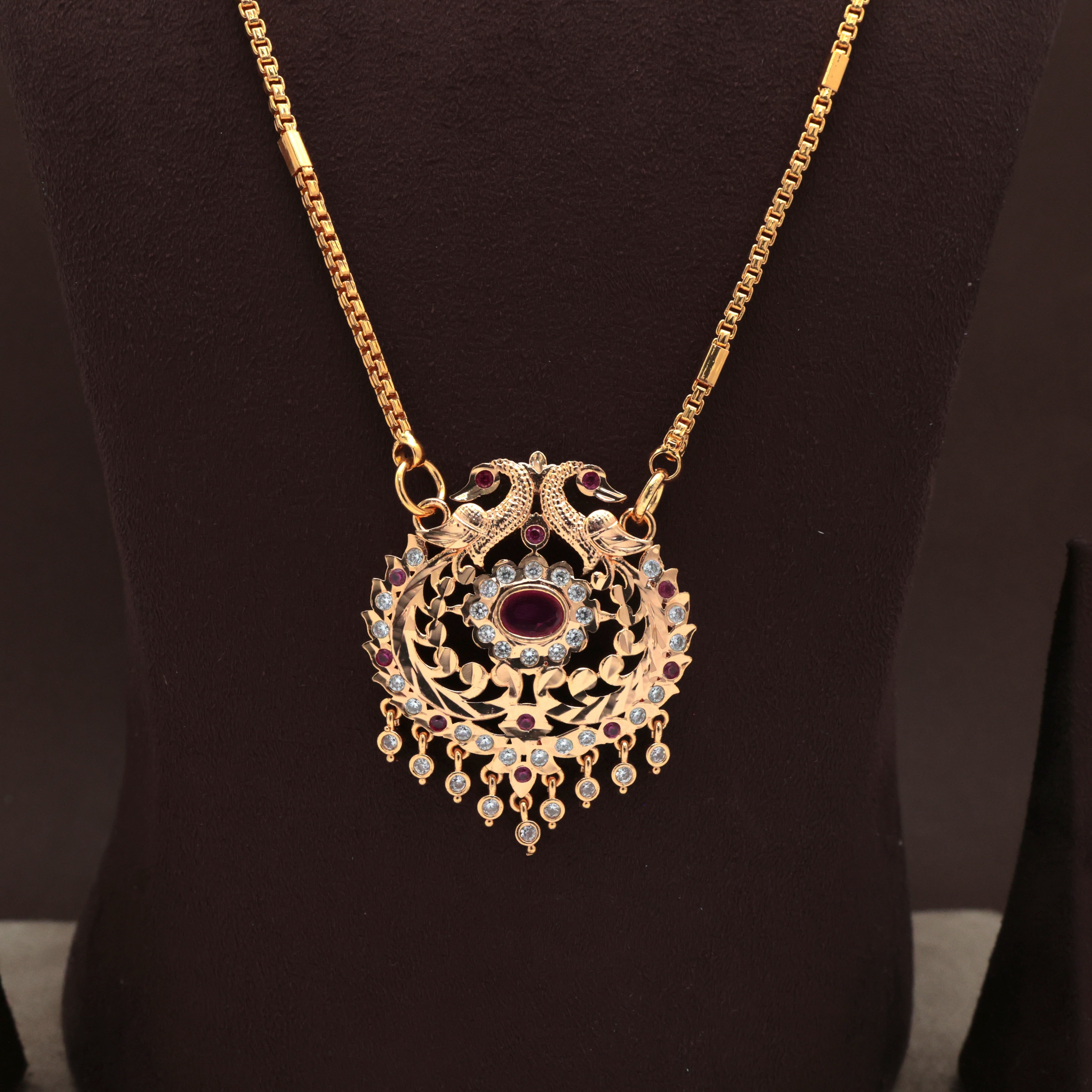 REAL GOLD TONE RETTAPAKSHI AD TRADITIONAL PENDANT CHAIN (FULL RUBY STONES)