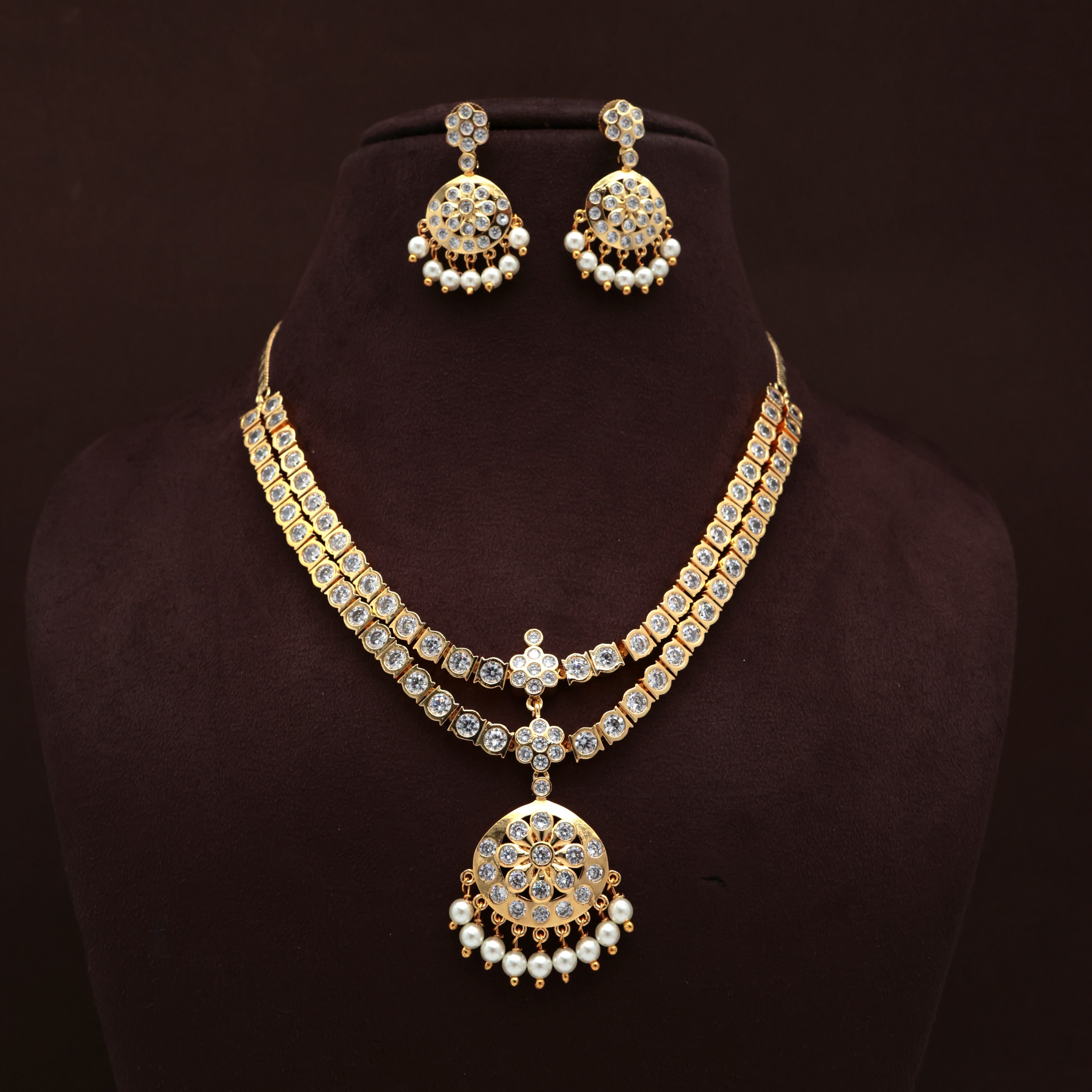 Traditional Double Layer White Stone Attigai Bridal Necklace Set