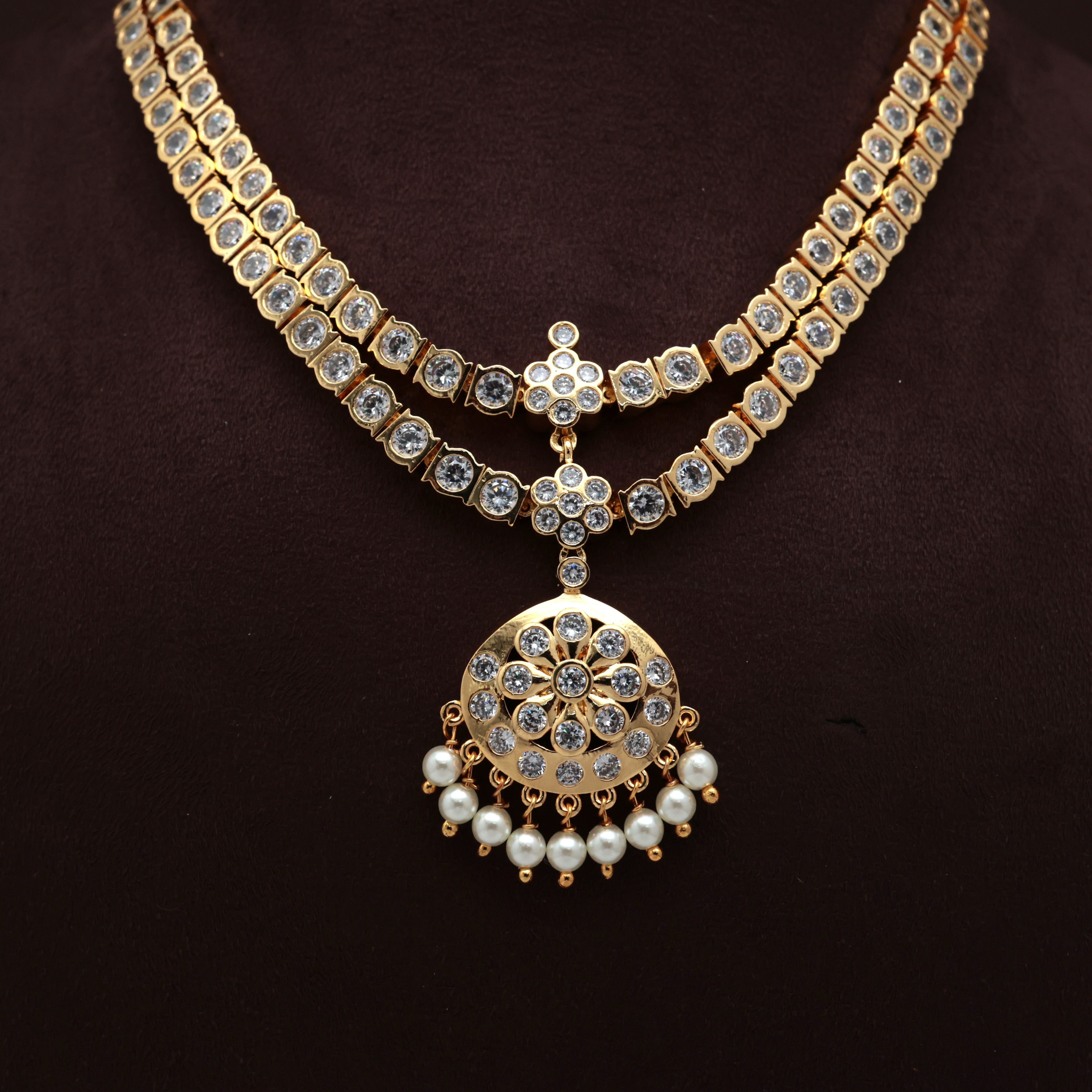 Traditional Double Layer White Stone Attigai Bridal Necklace Set