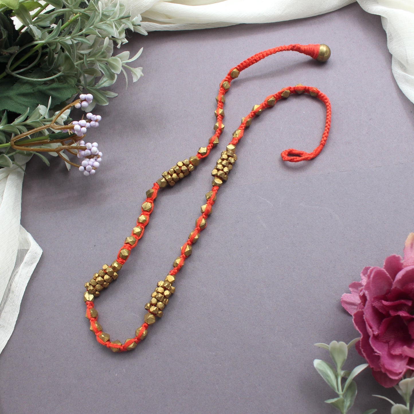 Handcrafted Short Beads Tribal Dhokra Necklace - Orange