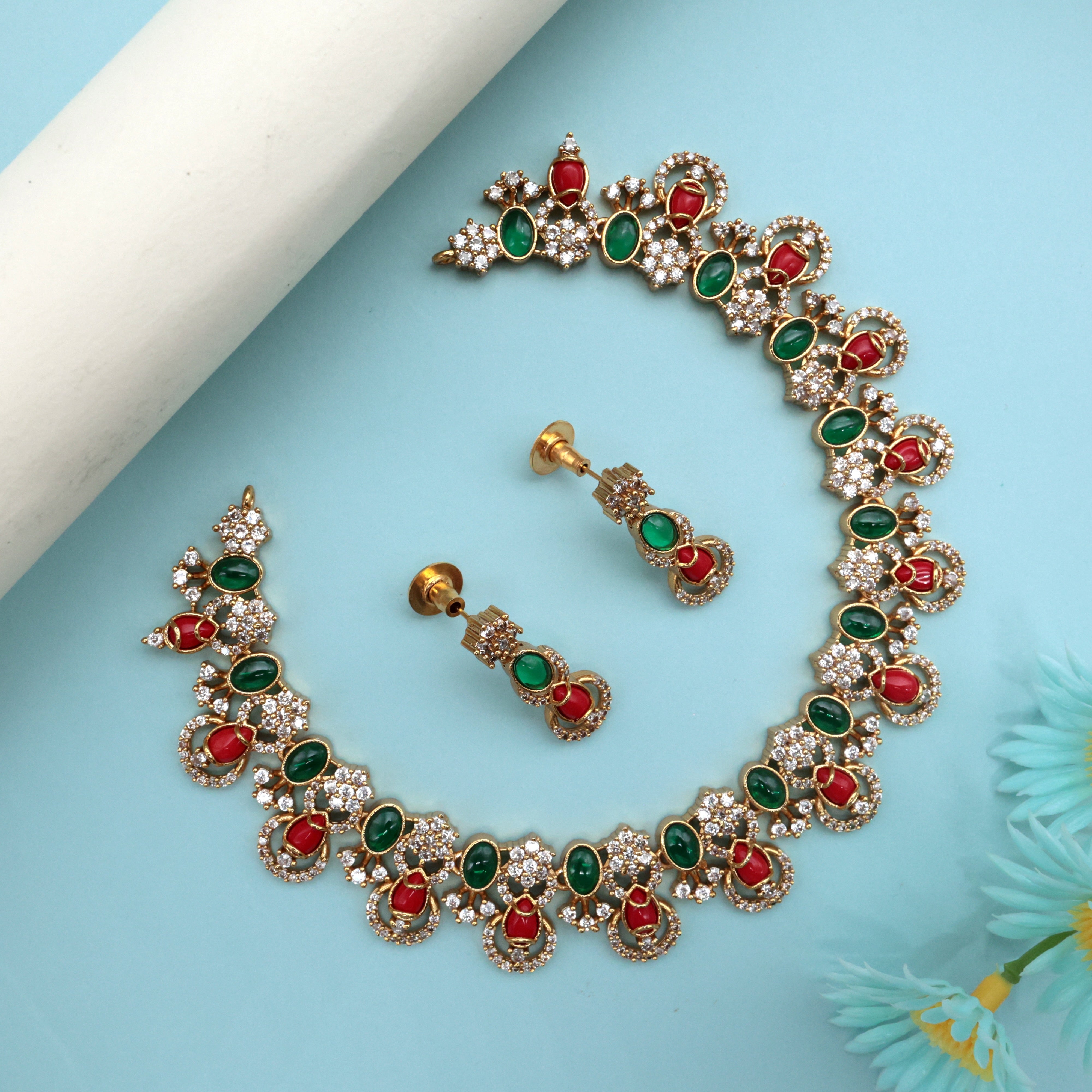 Coral Drops AD Flower Necklace Set