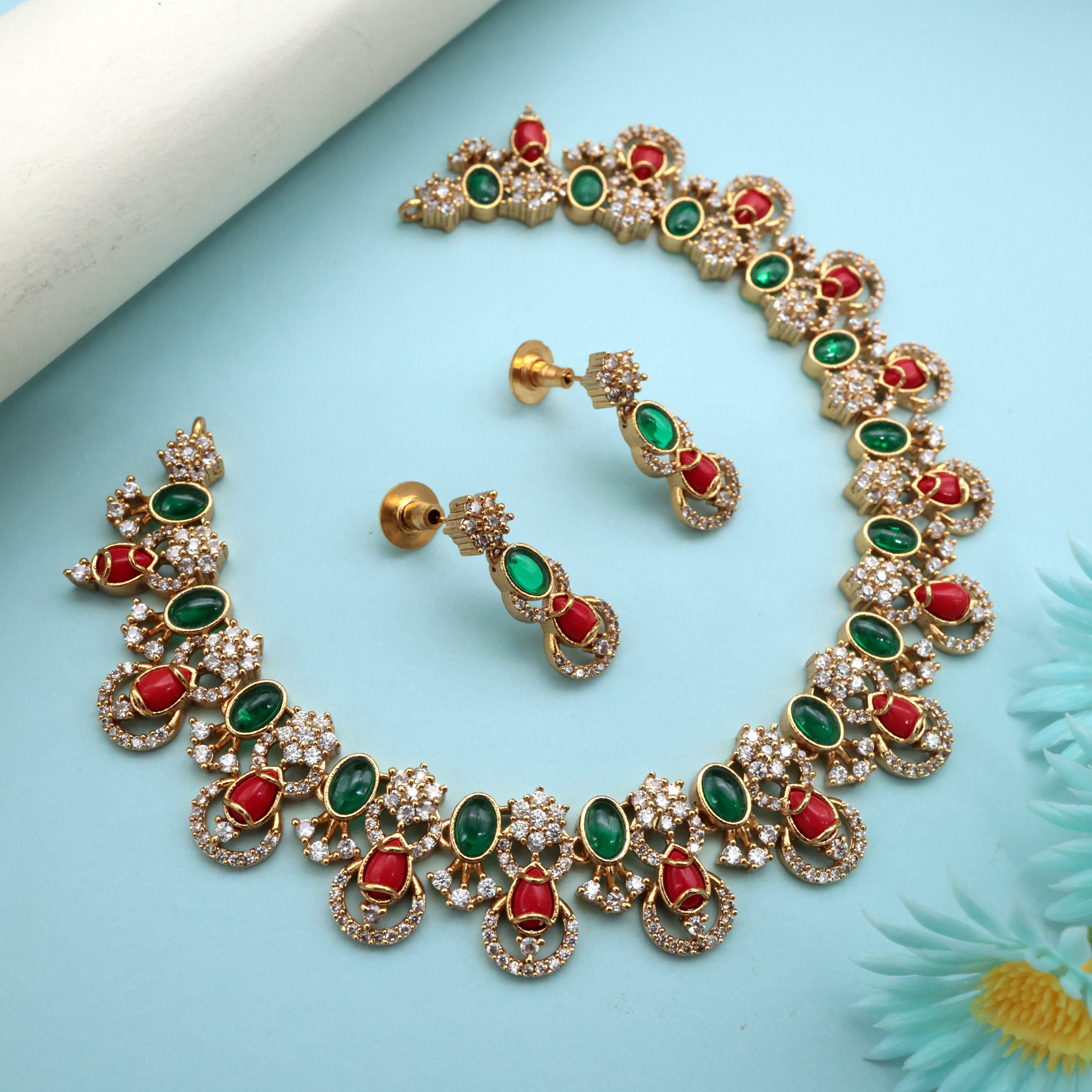 Coral Drops AD Flower Necklace Set