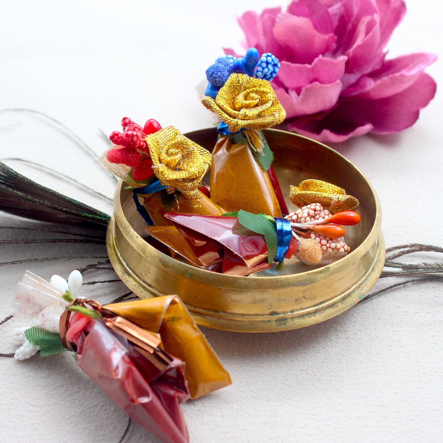 Handmade Haldi Kumkum with Rose Pollen Flowers Return Gift Packets - Made to Order