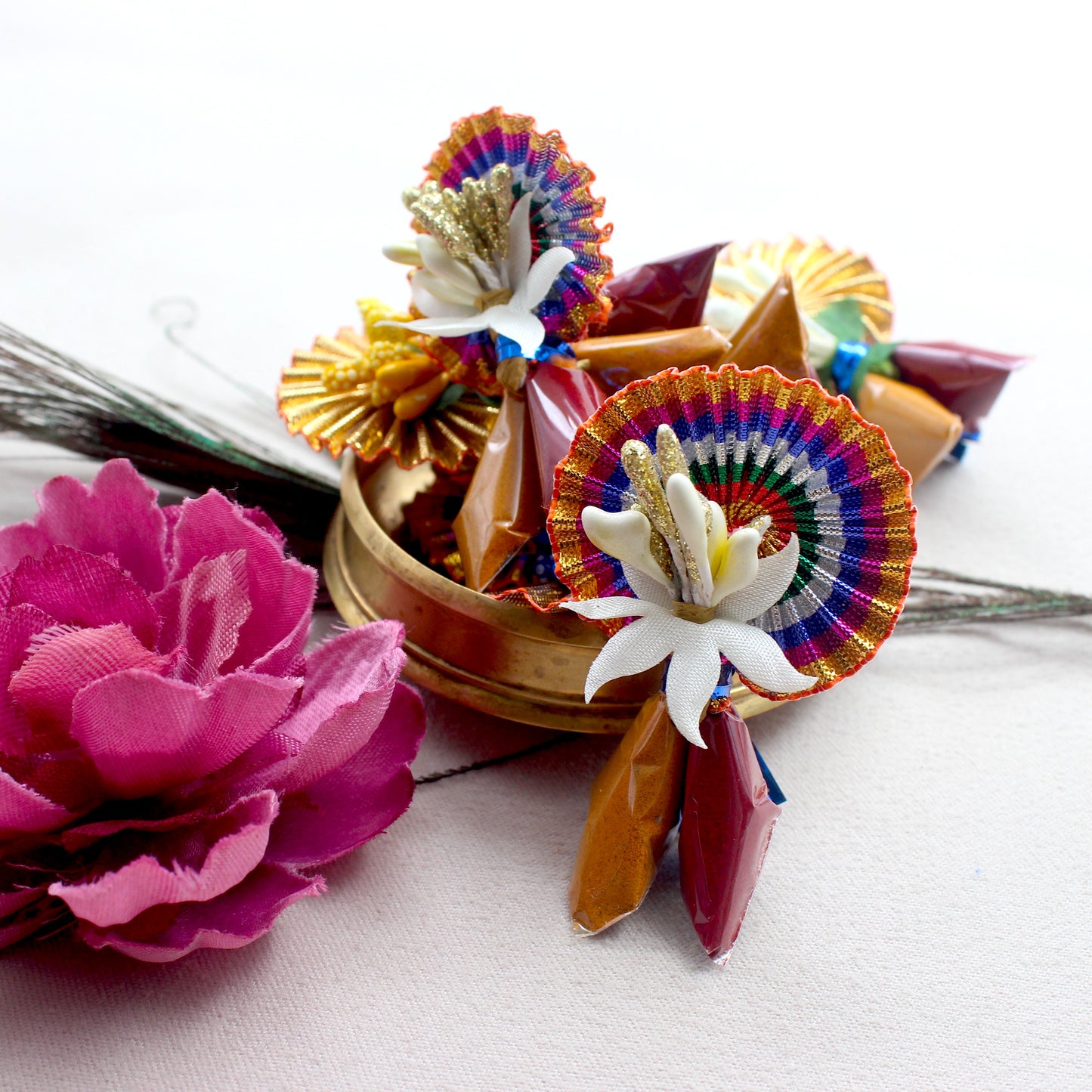 Handmade Haldi Kumkum with Fan & Pollen Flowers Return Gift Packets - Made to Order