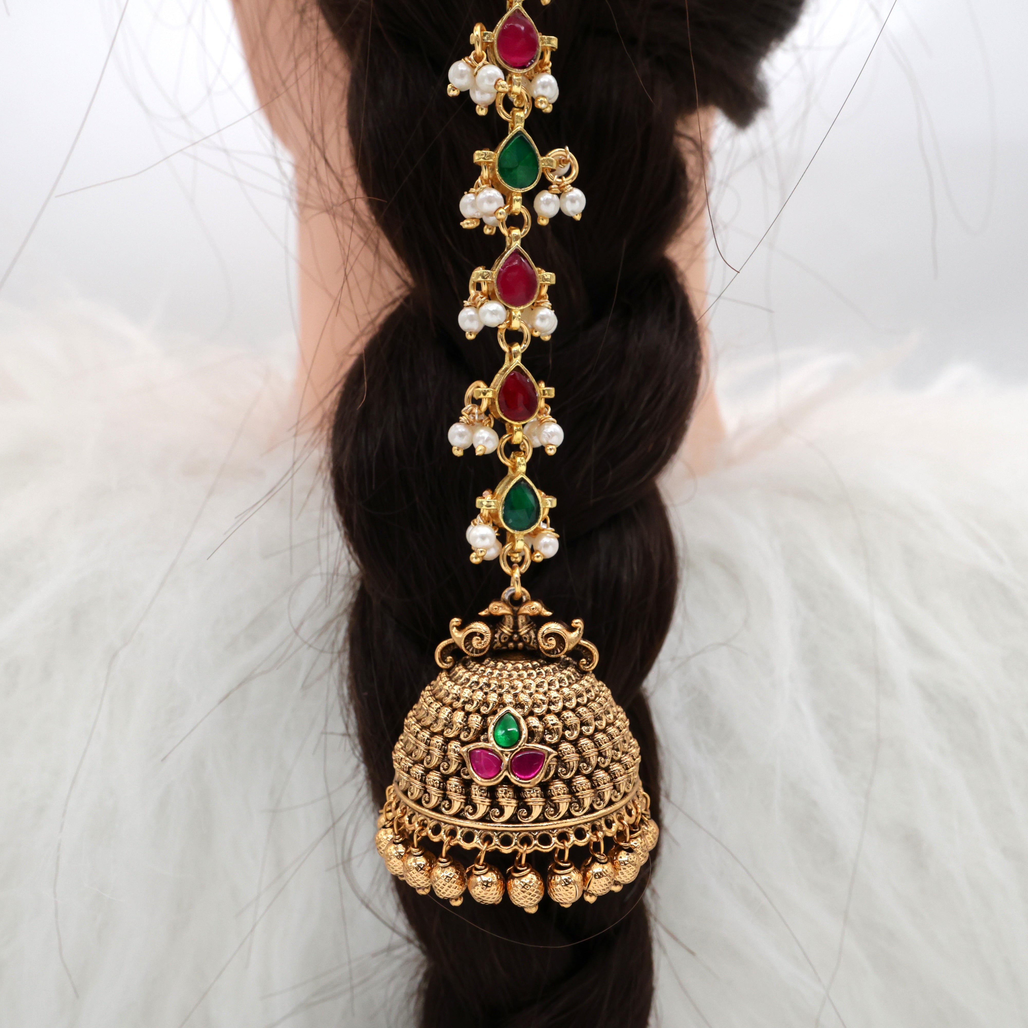 Antique Jadau Kundan Sleek Medium Length Jhumka Bridal Hair Choti