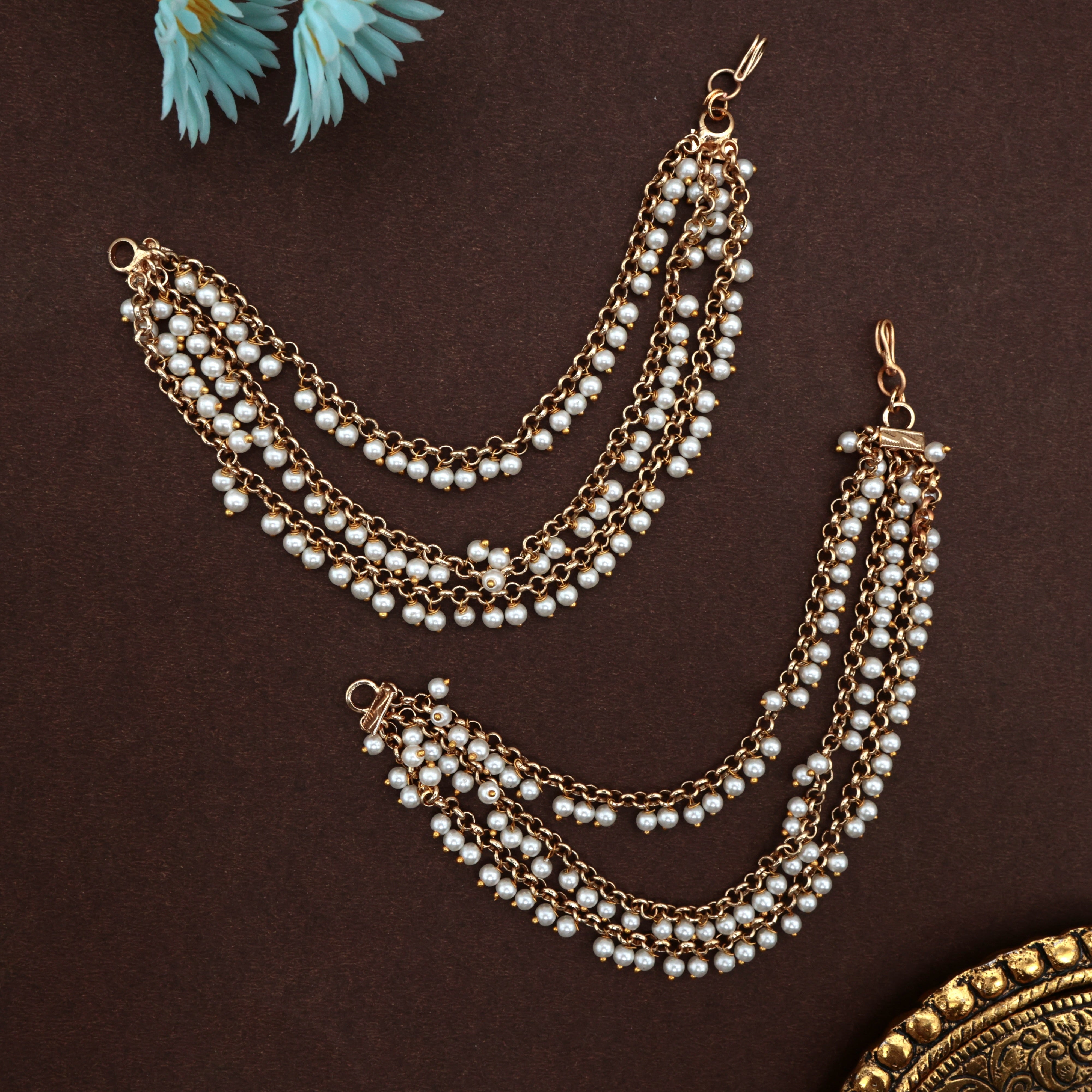 Antique Gold Pearl Drops Bridal Ear Chain/Maatal