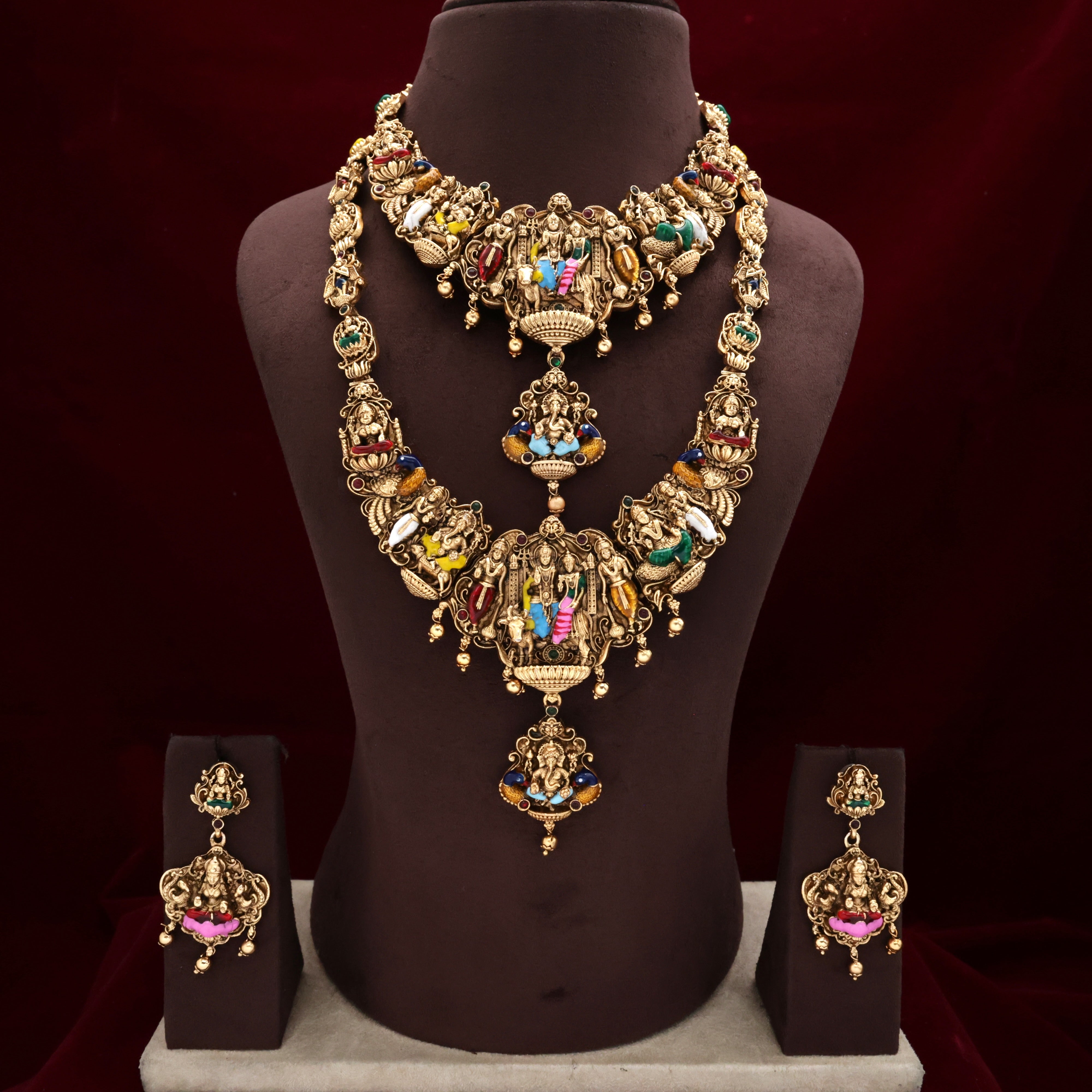 Antique Nagas Meenakari Work Shiv Parvati Family Bridal Haaram Necklace Combo Set
