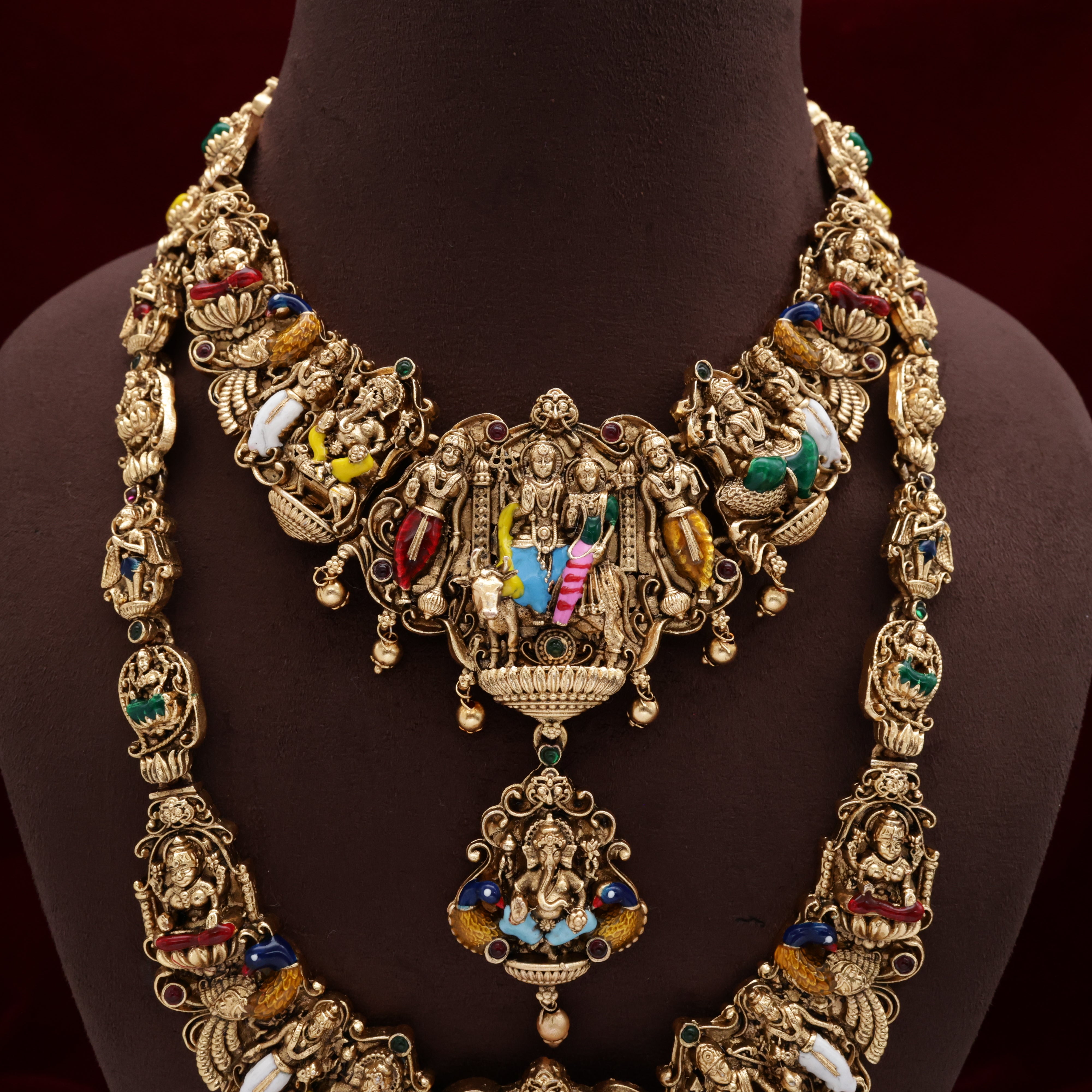 Antique Nagas Meenakari Work Shiv Parvati Family Bridal Haaram Necklace Combo Set