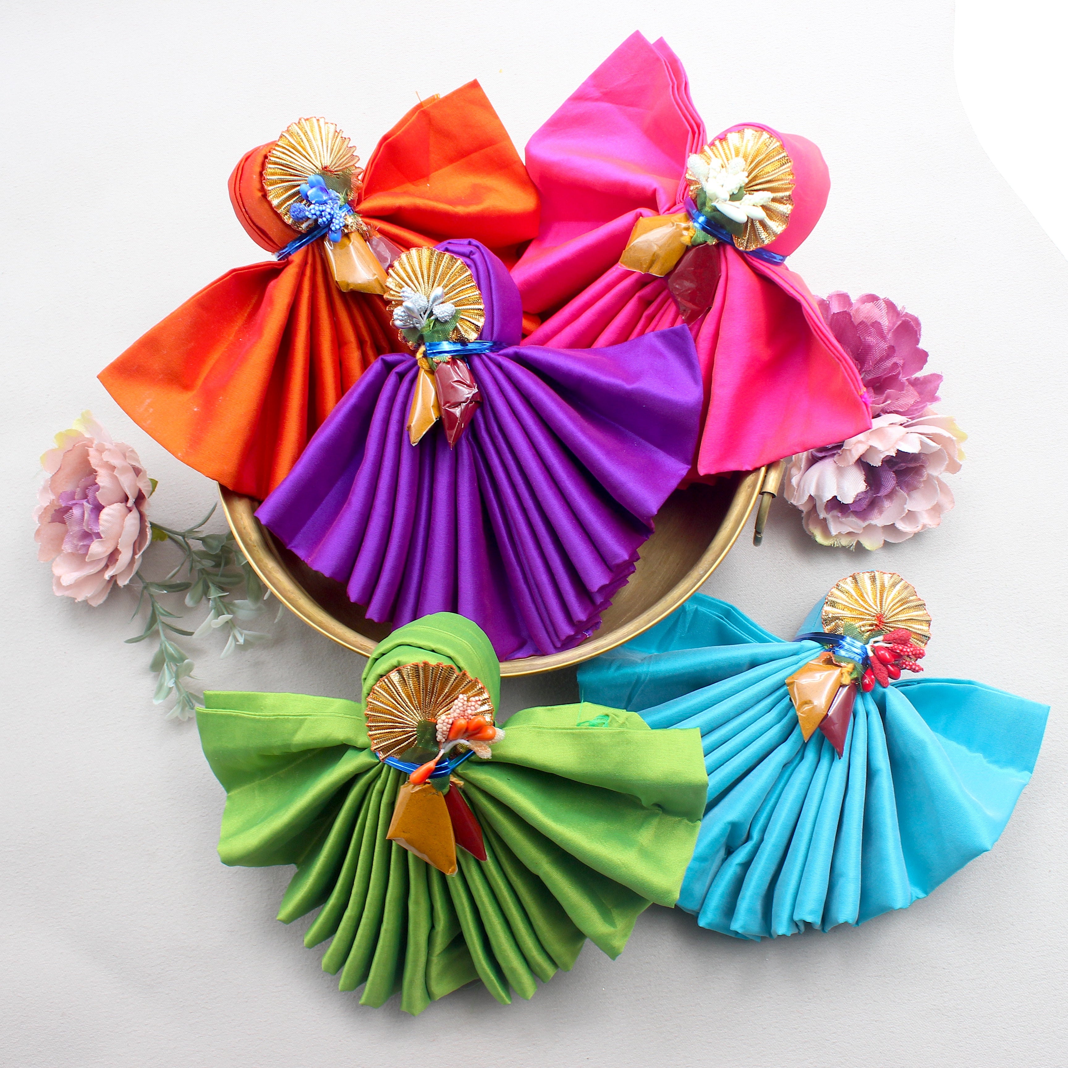 Pooja Return Gift Pack - Silk Cotton Blouse Piece, Haldi & Kumkum Packets - Assorted Colours - Made to order (3-4 days making time for bulk orders)